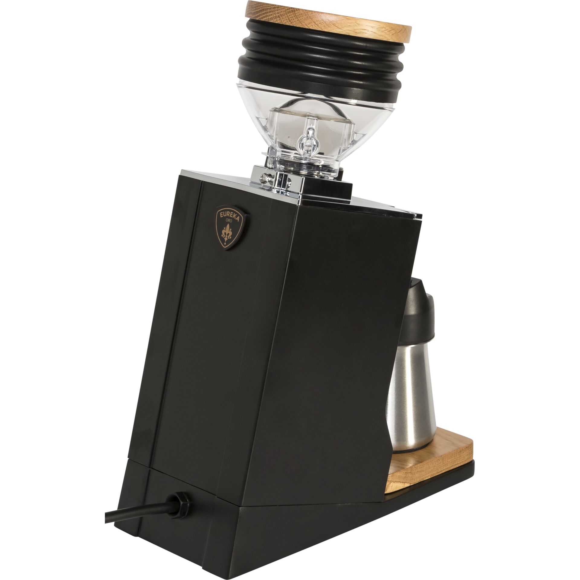 Espresso grinder, Kaffeemühle, Holzakzente, Schwarzer Körper, Netzkabel