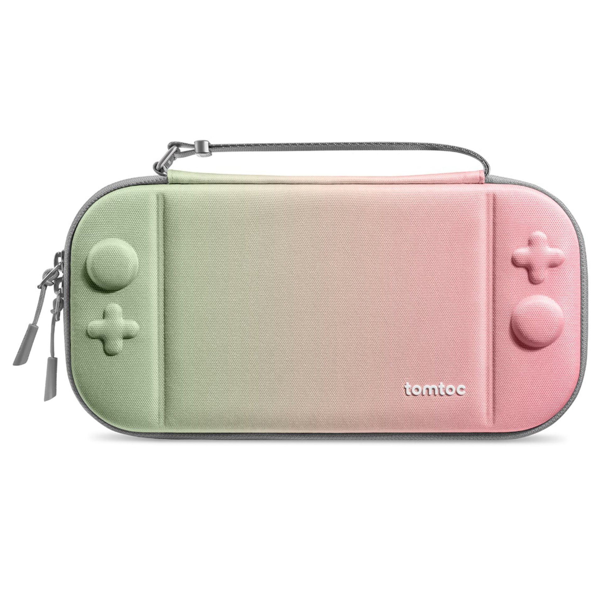 Nintendo Switch-Hülle, Verlauf, Pastellgrün-pink, Tragegriff, Tomtoc]]}{,  }]}```Oops```} unnan to be corrected. Wait. Need proper JSON with two language fields. Also avoid brand names unless visible; 