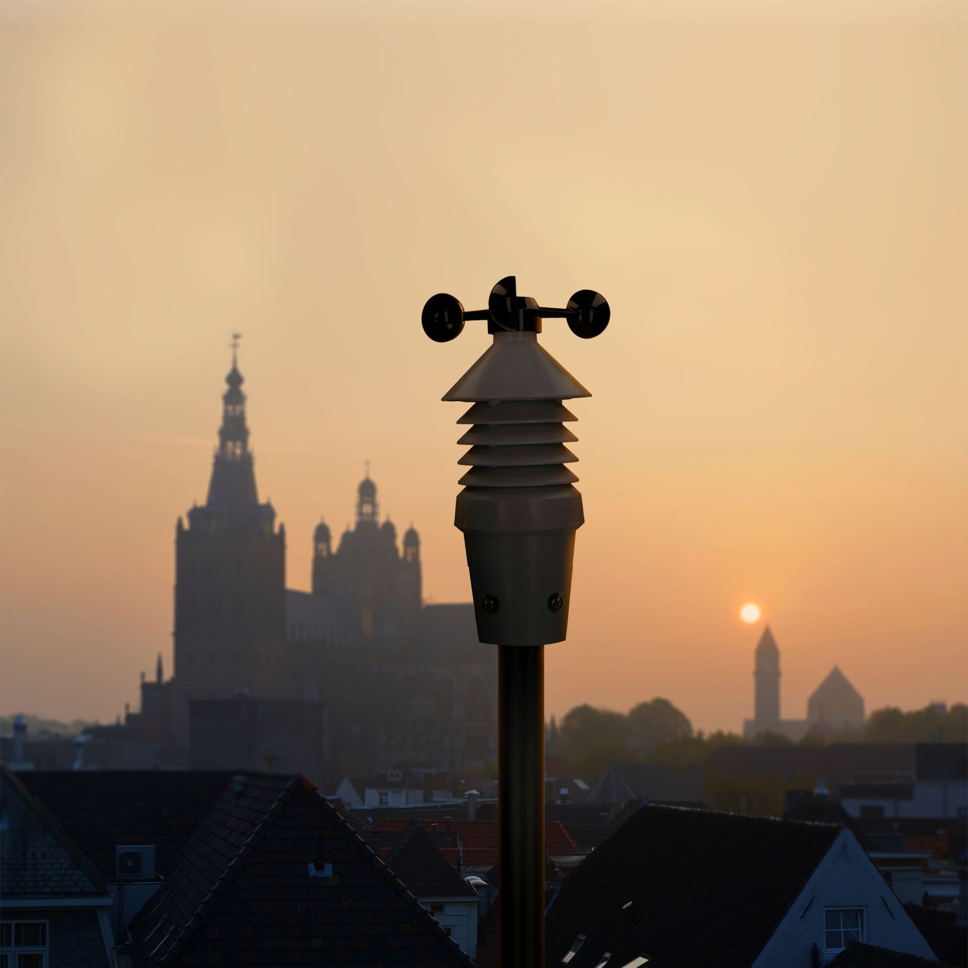 antenne, strassenleuchte, sonnenuntergang, stadt Silhouette, dächer