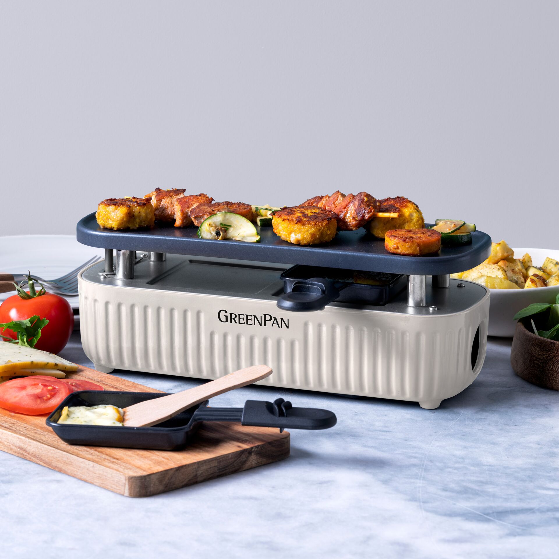 Raclette-Grill, Tischgrill, Grillplatte, Cremefarben, Rillenoptik