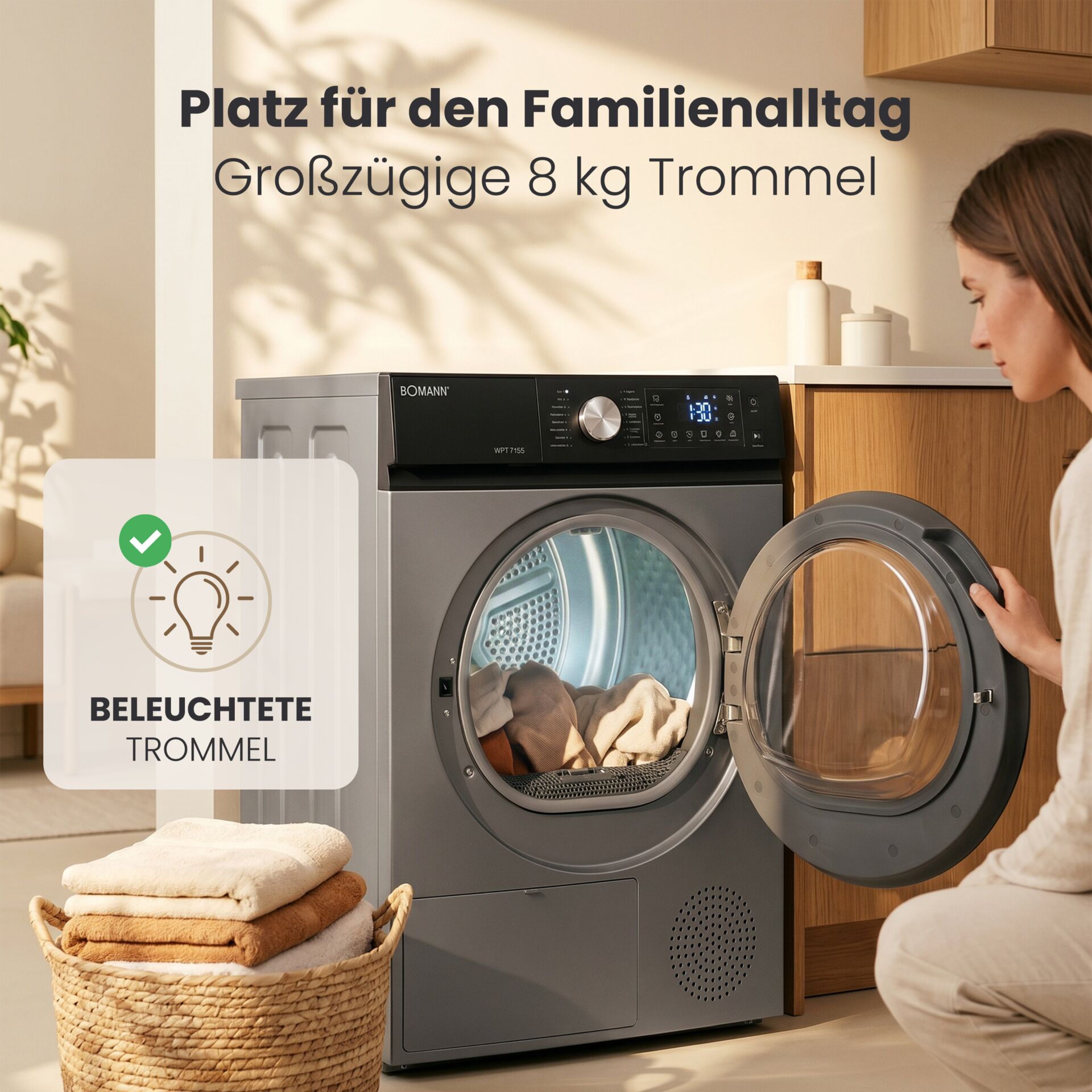 Wäschetrockner, 8-kg-Trommel, Bullauge, beleuchtete Trommel, graues Gehäuse