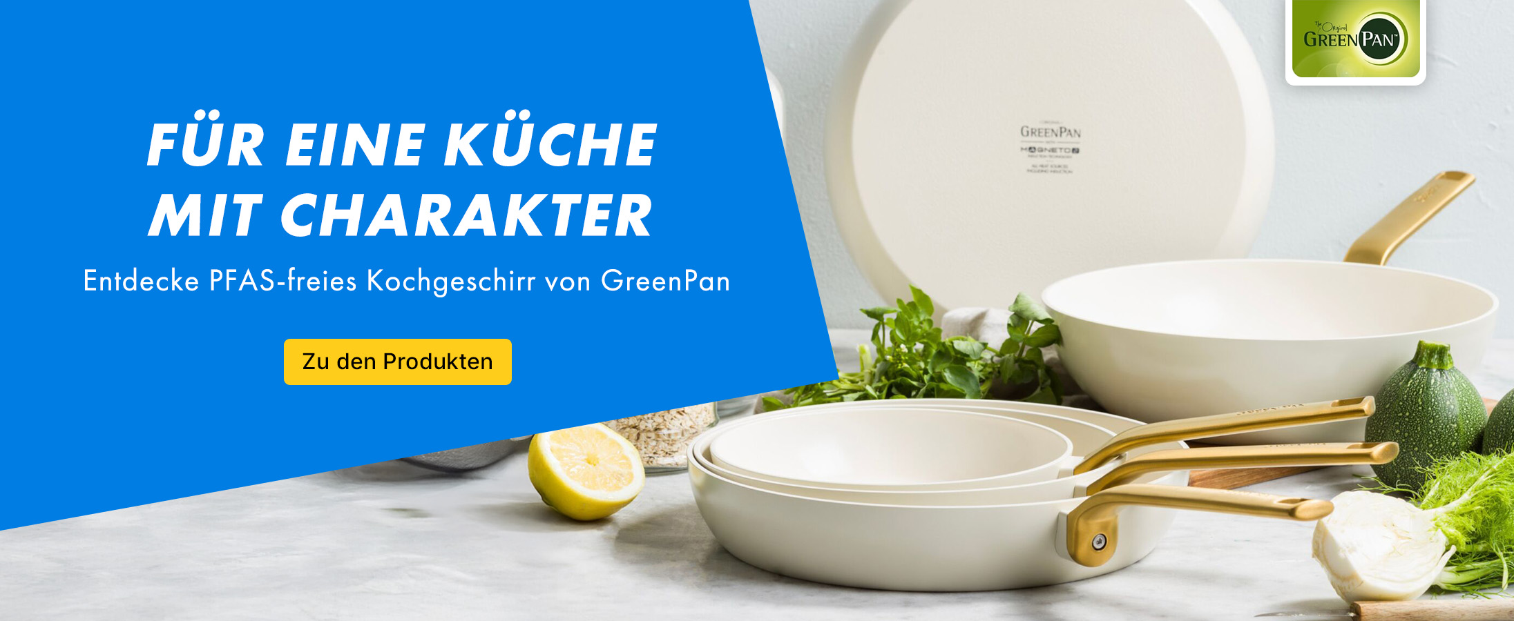 Pfannen, Kochgeschirr, Griff aus Metall, weiße Schüssel, goldene Griffe