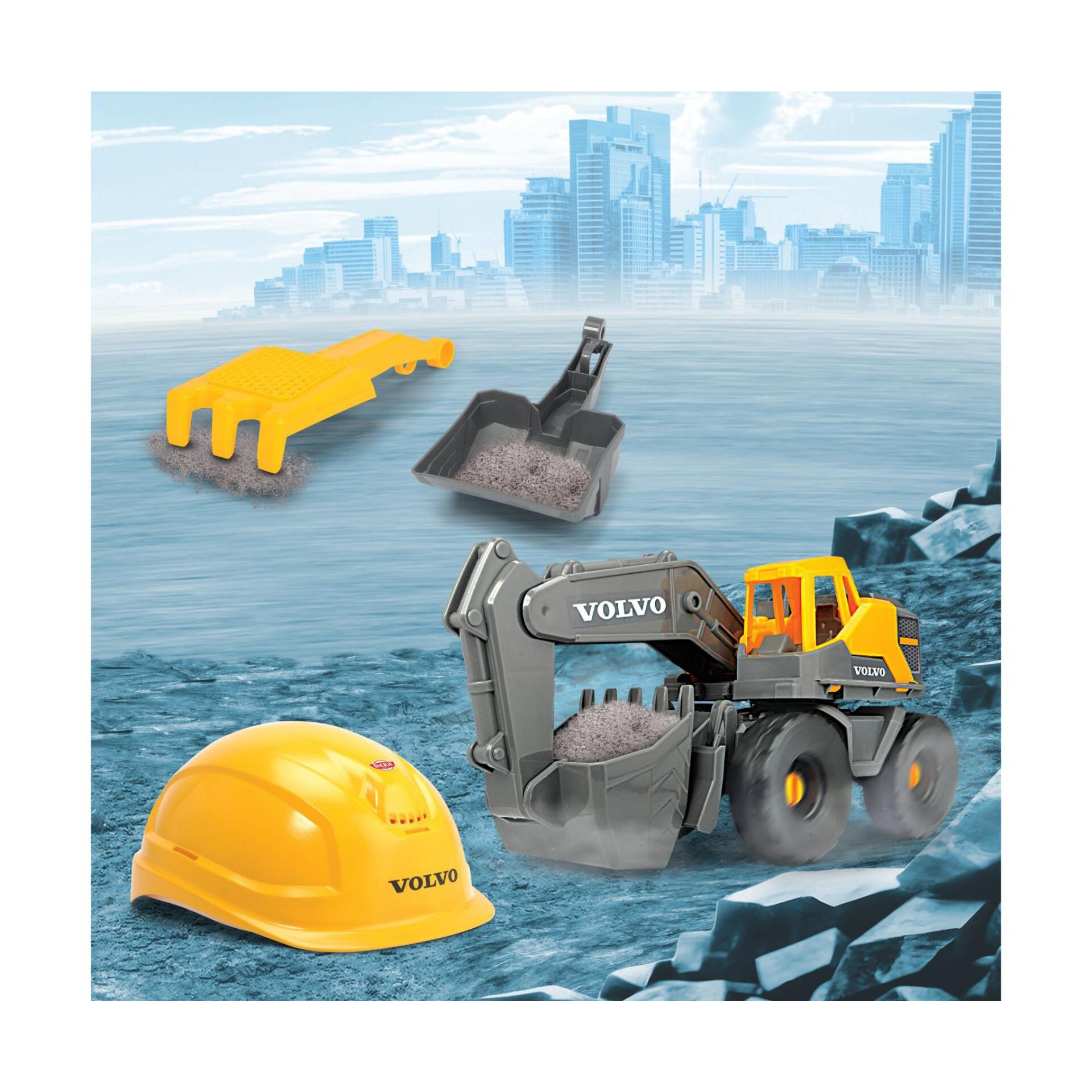 Baumaschaufel, Kleines Baustellenfahrzeug, Schaufelradbagger, Helm, Gummireifen