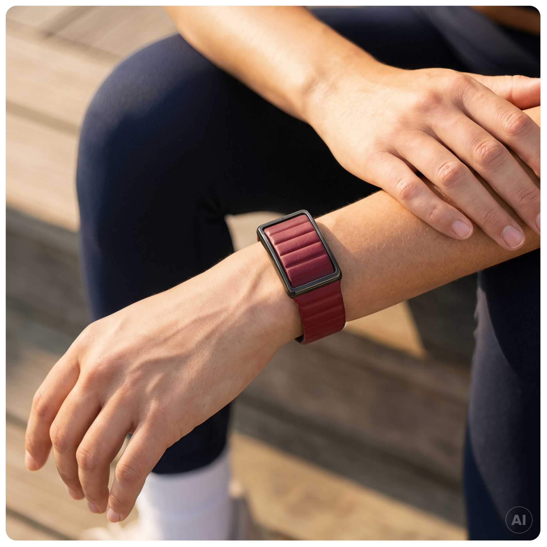 Smartwatch, rotes Armband, rechteckiges Display, geripptes Armband
