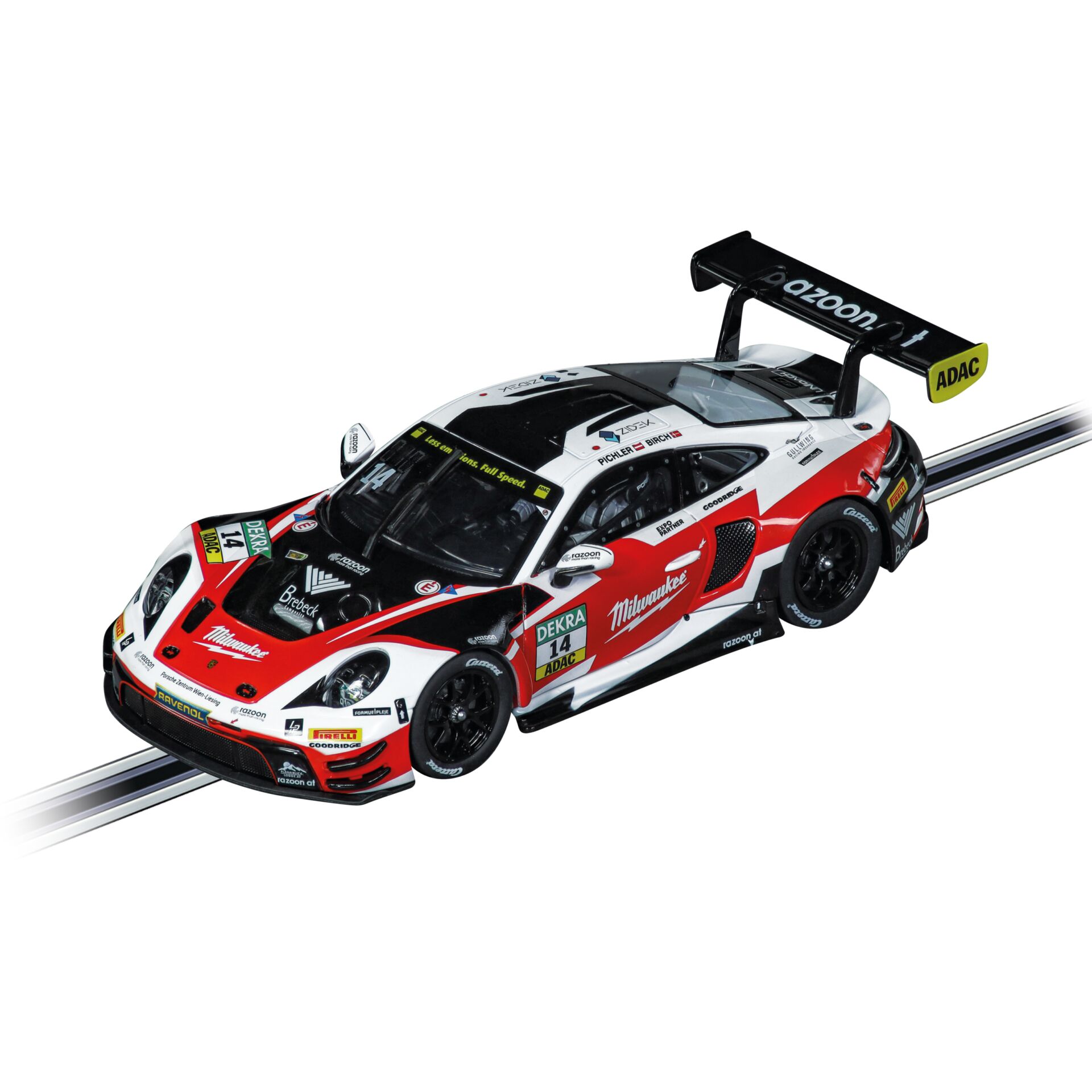 Carrera-Autorennbahn, Porsche-Rennwagen, Modellauto, Rot-Weiß-Schwarz, Heckspoiler