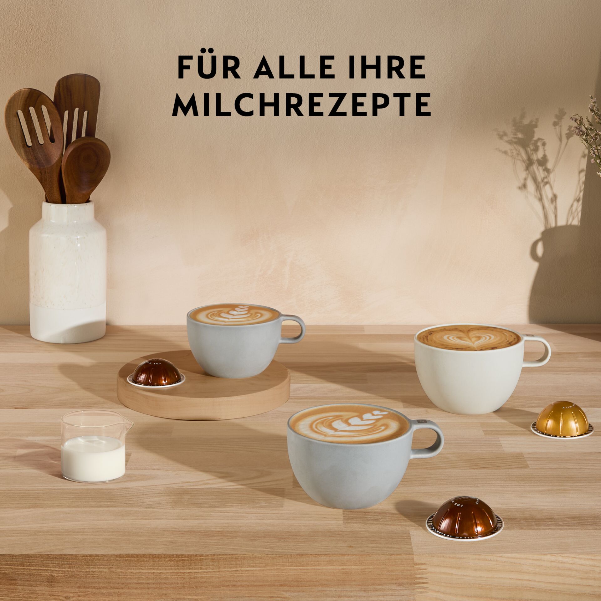 Kaffee, Kaffee-Latte, Tassen, Kapseln, Milchrezepten-Set