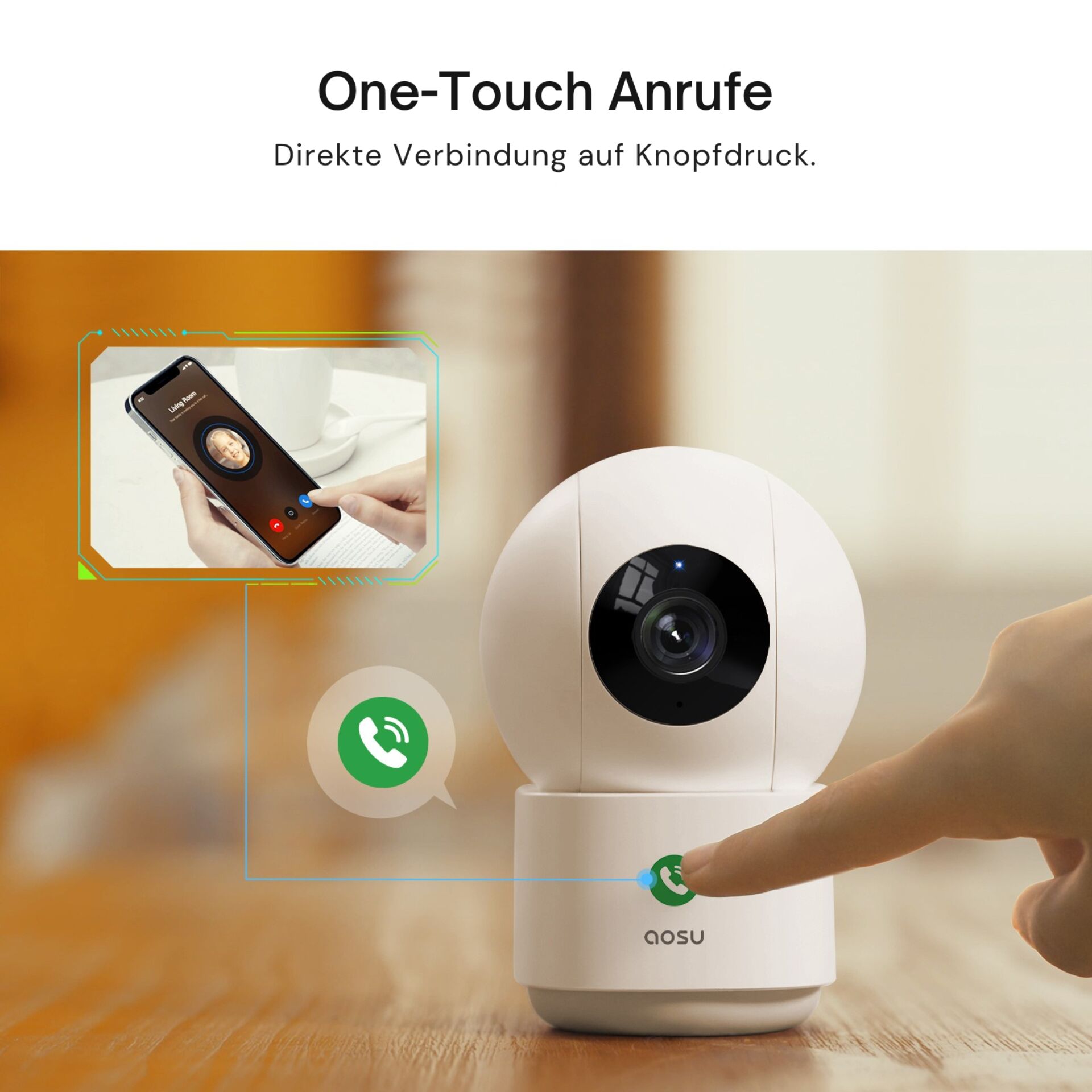 Überwachungskamera, IP-Kamera, Smartkamera, Kamera mit Arm/Standfuß, One-Touch Anruf