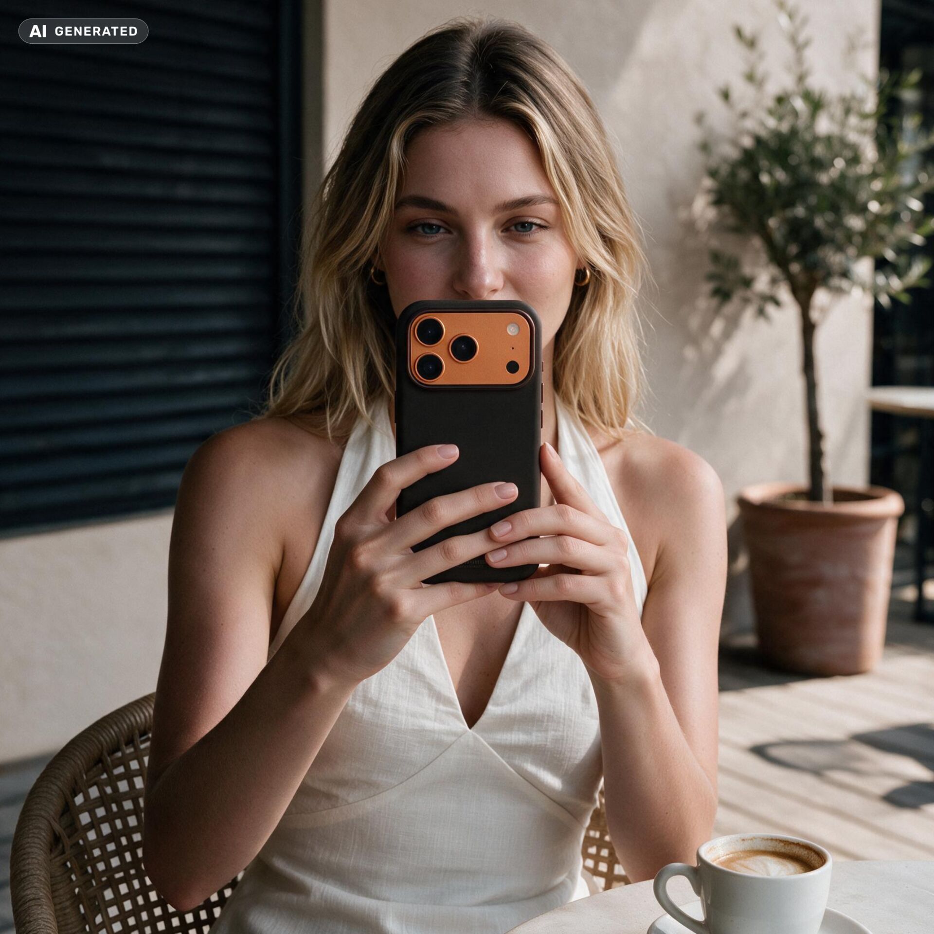 smartphone, iPhone, orange phone, black case, woman