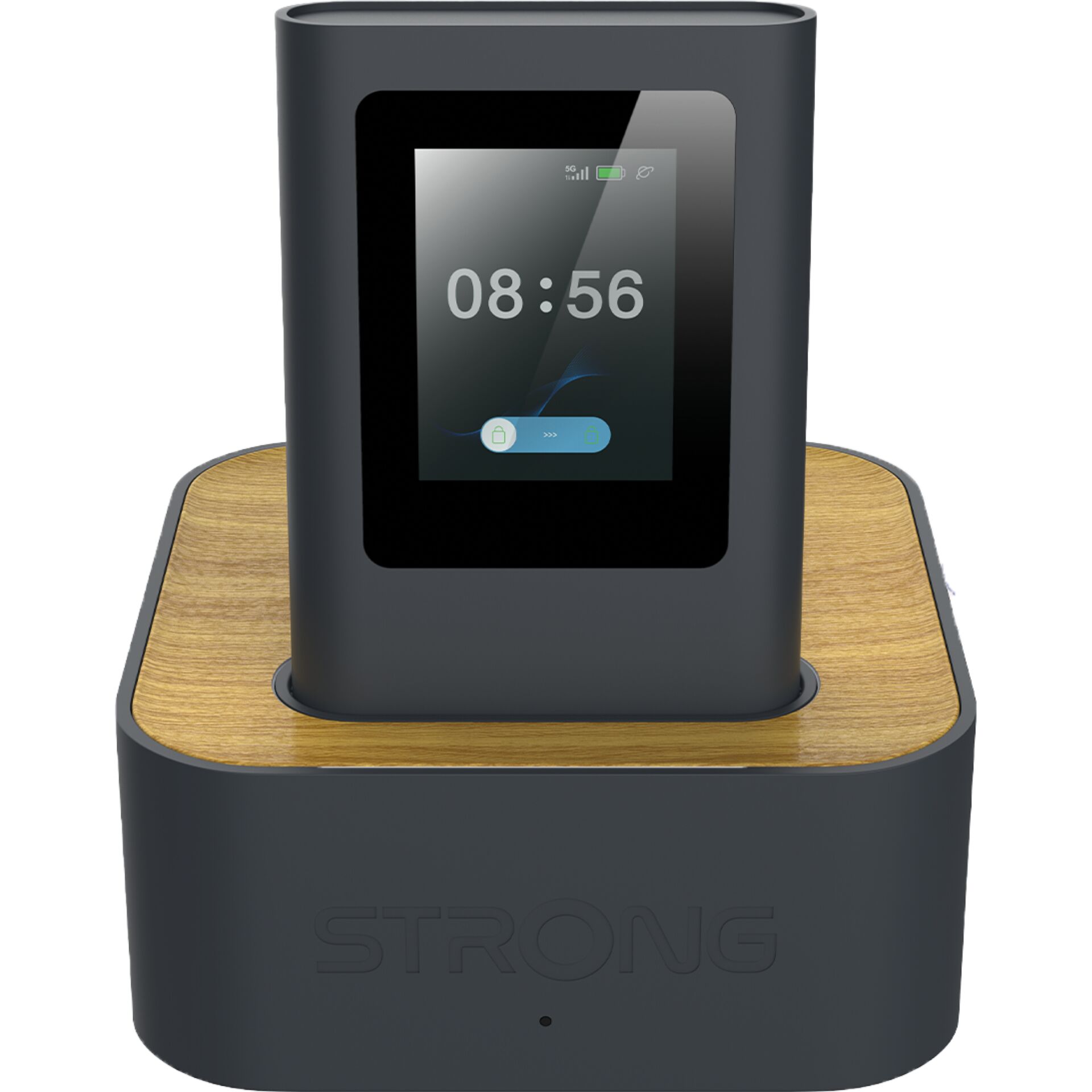 smartwatch, Ladestation, Holzplatte, dunkelgrau, Touchscreen