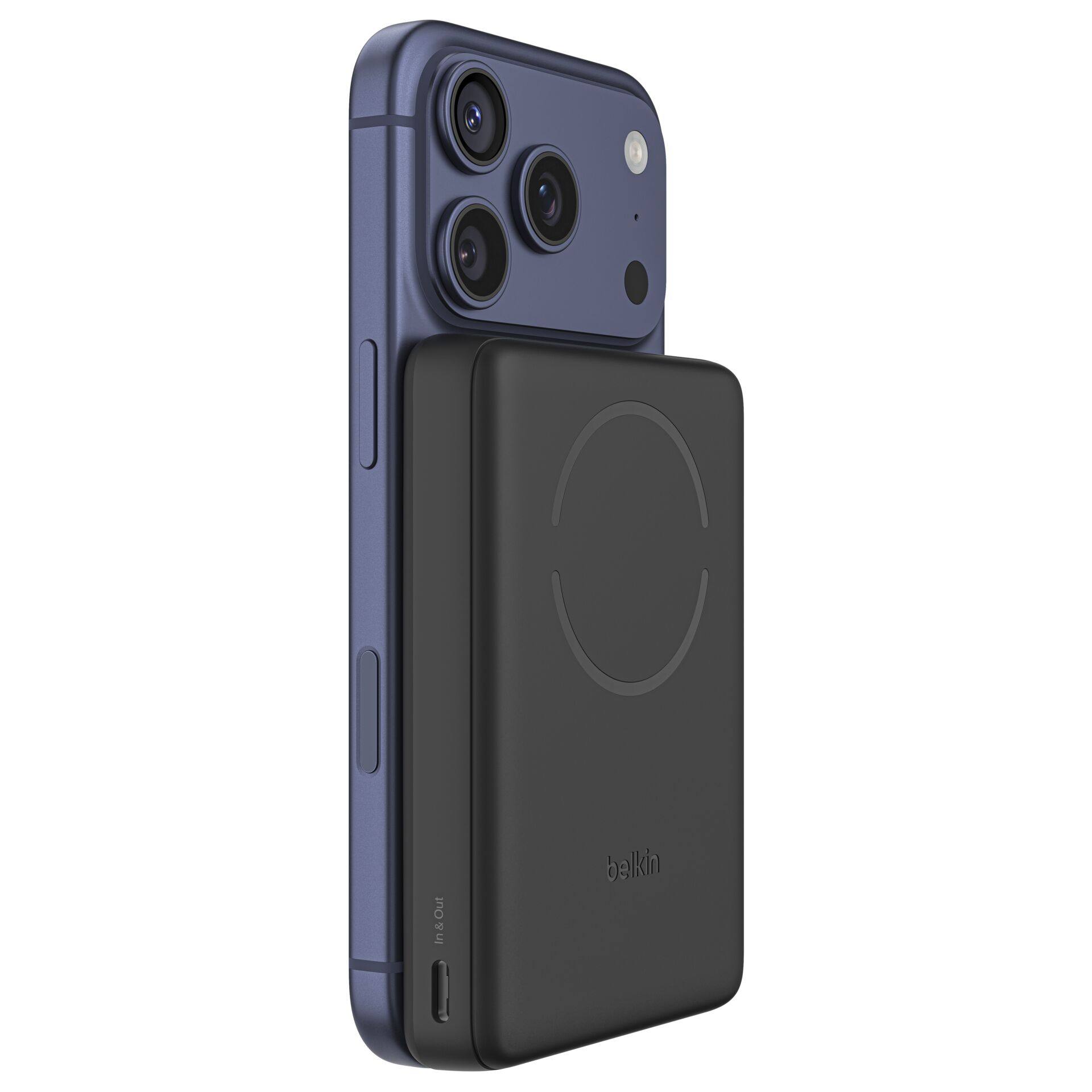 Phone accessory, Magnetic wireless charging, Backattached stand, Triple camera, Blue phone case