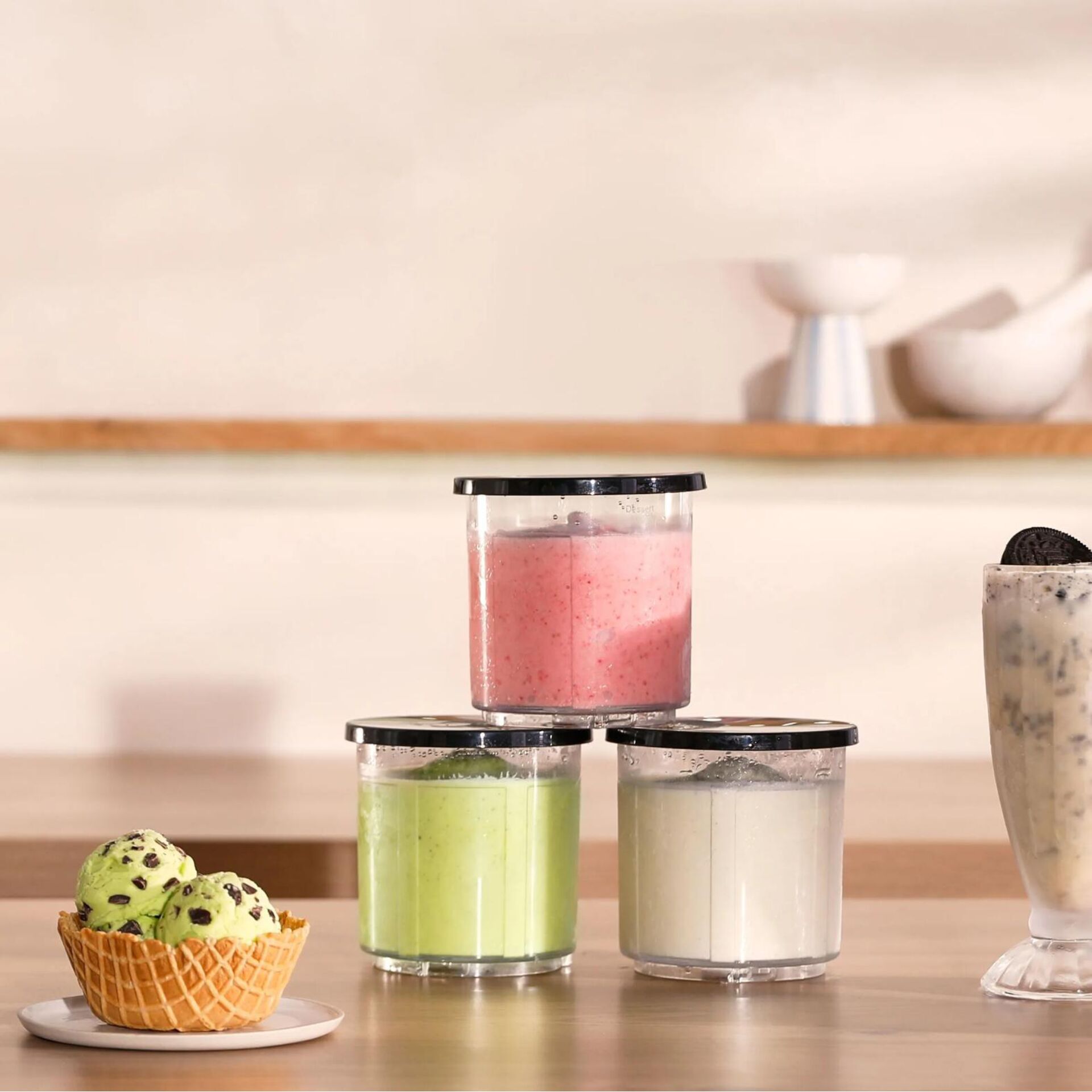 Eiscreme, Joghurtbecher, Glasbehälter, Pastellfarben, Silikondeckel