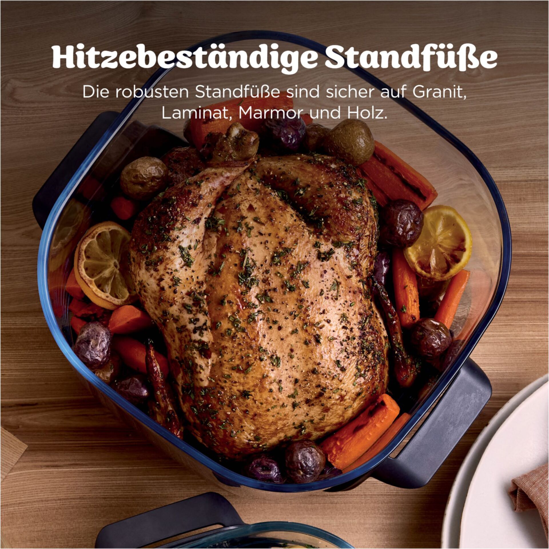 Hähnchenbraten, Braten im Topf, Ofenbraten, Gemüsebeilage, Zitrone