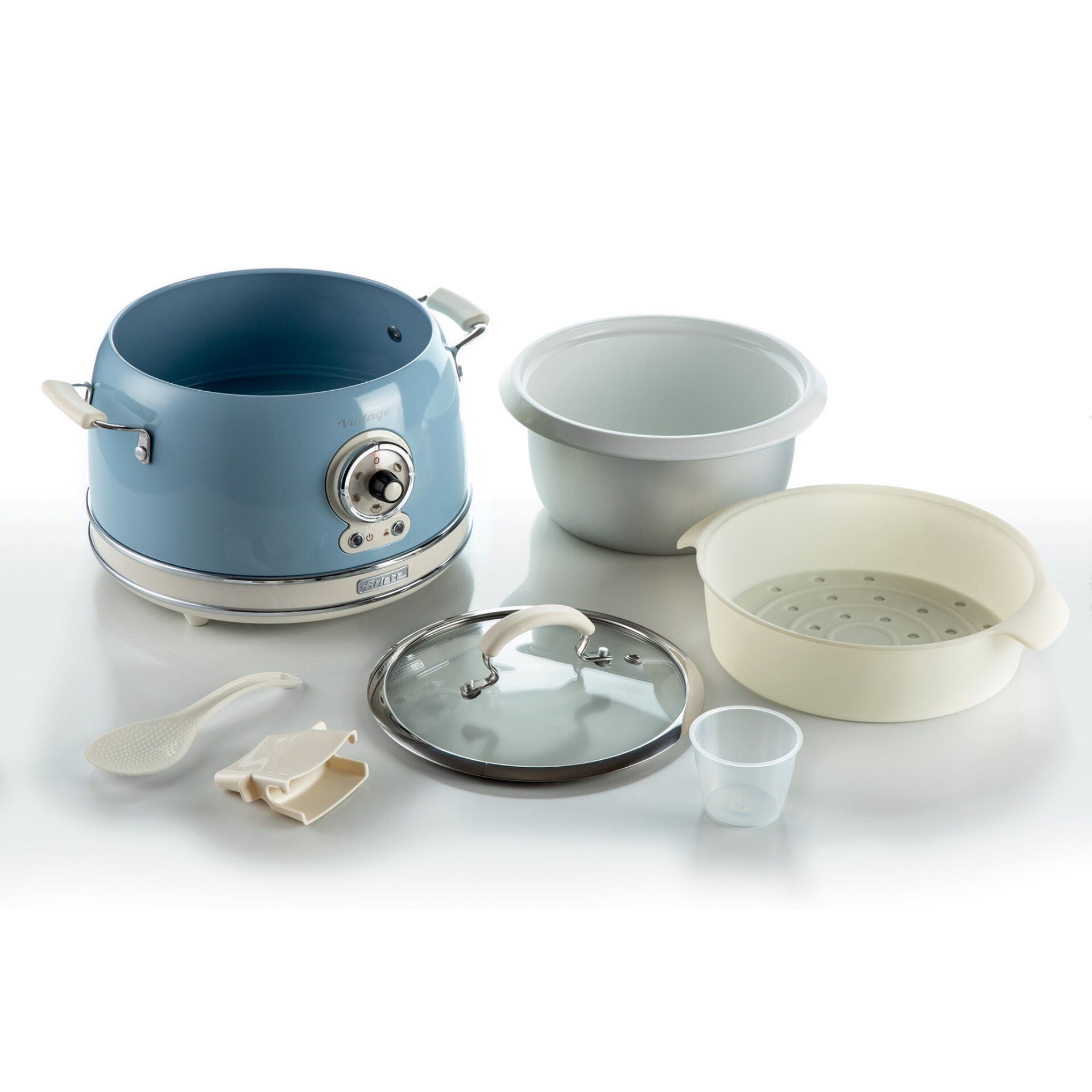 Gerät, Elektrisches Gerät, Dampfgarer, Kocher, Slow cooker, Blau, Abnehmbarer Deckel, Dampfgarer-Einsatz, Messbecher
