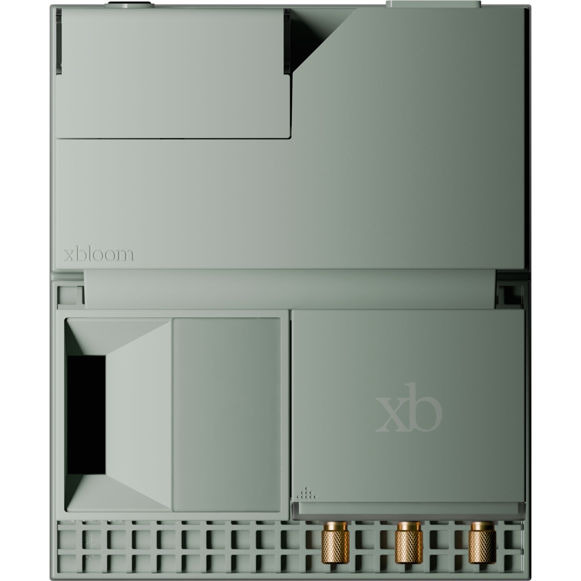 modulares Gerät, grün-grau, rechteckige Box, belüfteter Boden, xbloom Logo