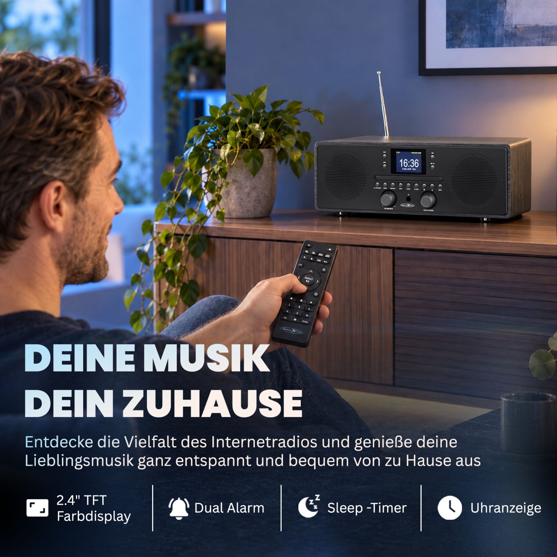 Radio, Stereo, Lautsprecher, Fernbedienung, Holzoptik