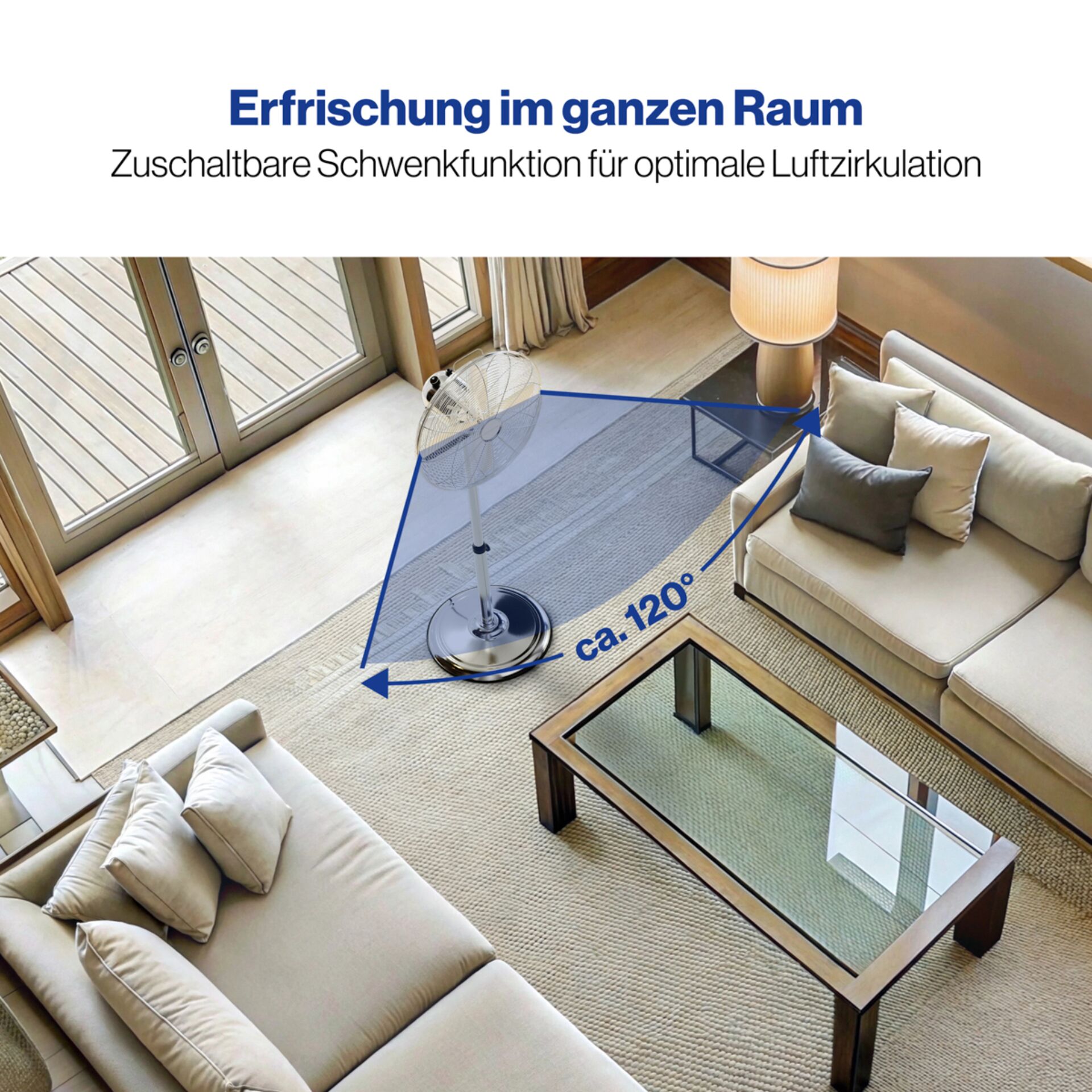 Ventilator, Standventilator, Deckenventilator, Wohnzimmer, einstellbarer Luftstrom