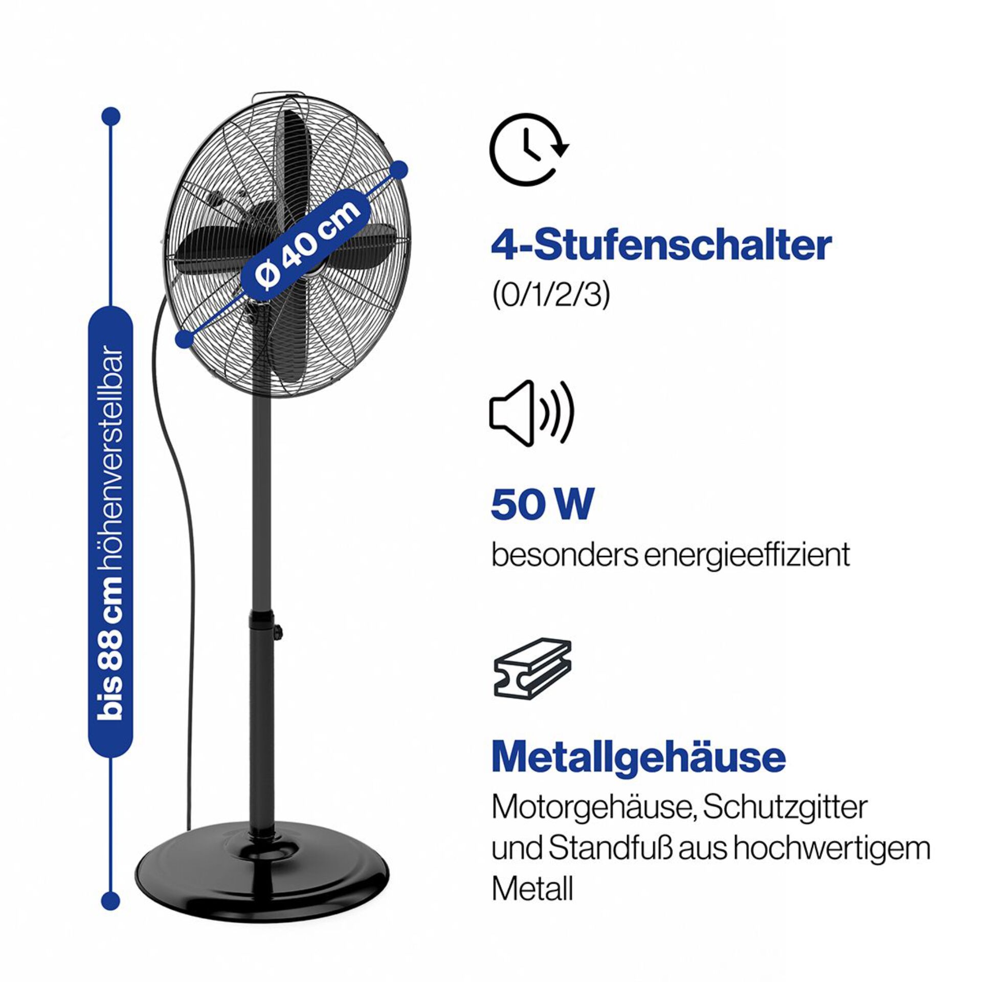 Ventilator, Standventilator, Metallgehäuse, 40 cm Durchmesser, 50 W Leistung
