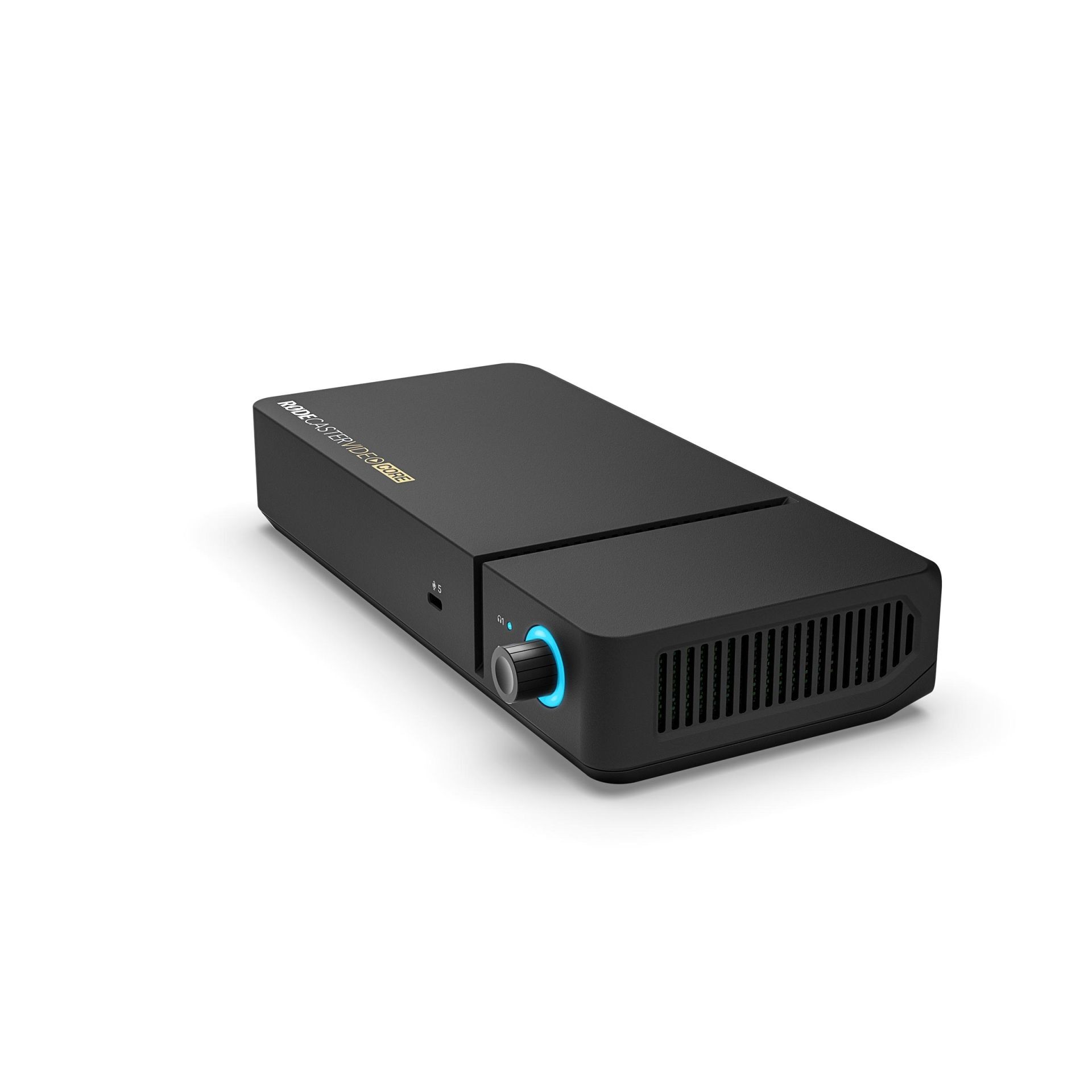 Mini-PC, Schwarz, Vorderrand mit Lüftung, Blauer Ring, Drehknopf