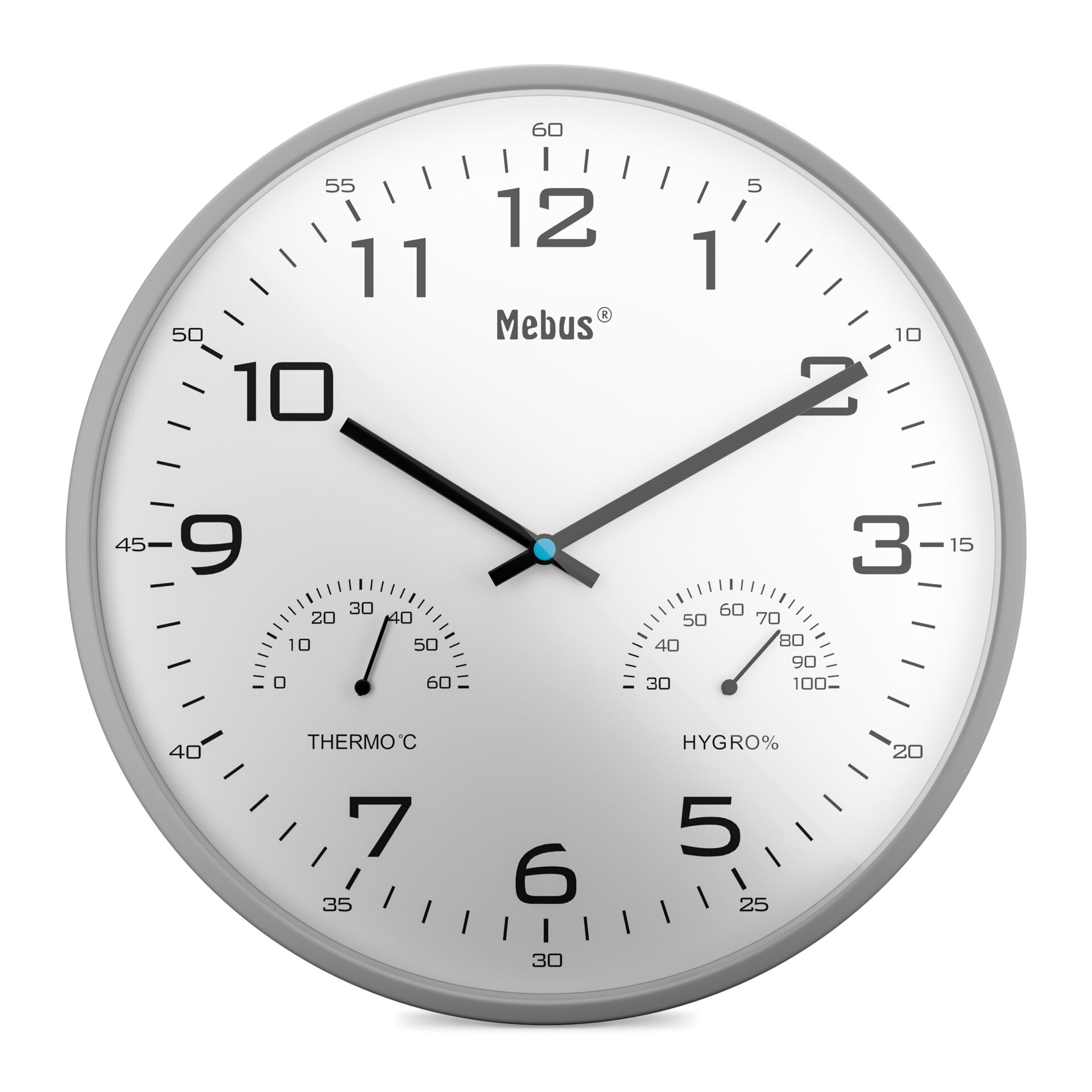 Wanduhr, metallisch, analog, große ziffern, Thermo-Hygro