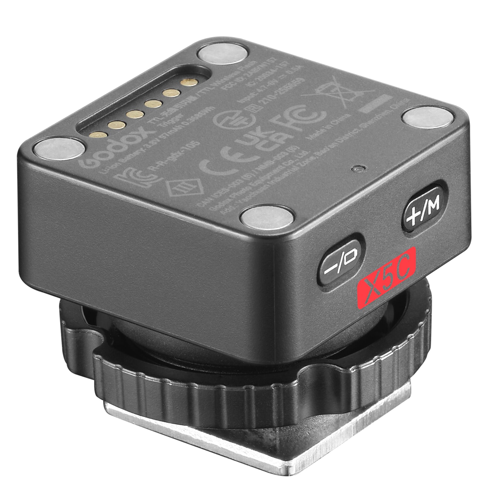 tag, Das Bild zeigt einen kompakten Sensor oder Adapter mit Hebel/Knopf, beschriftet mit X5C, und Kontaktstiften., elektronisches Zubehör, Montageadapter, Mehrfachanschluss-Befestigung