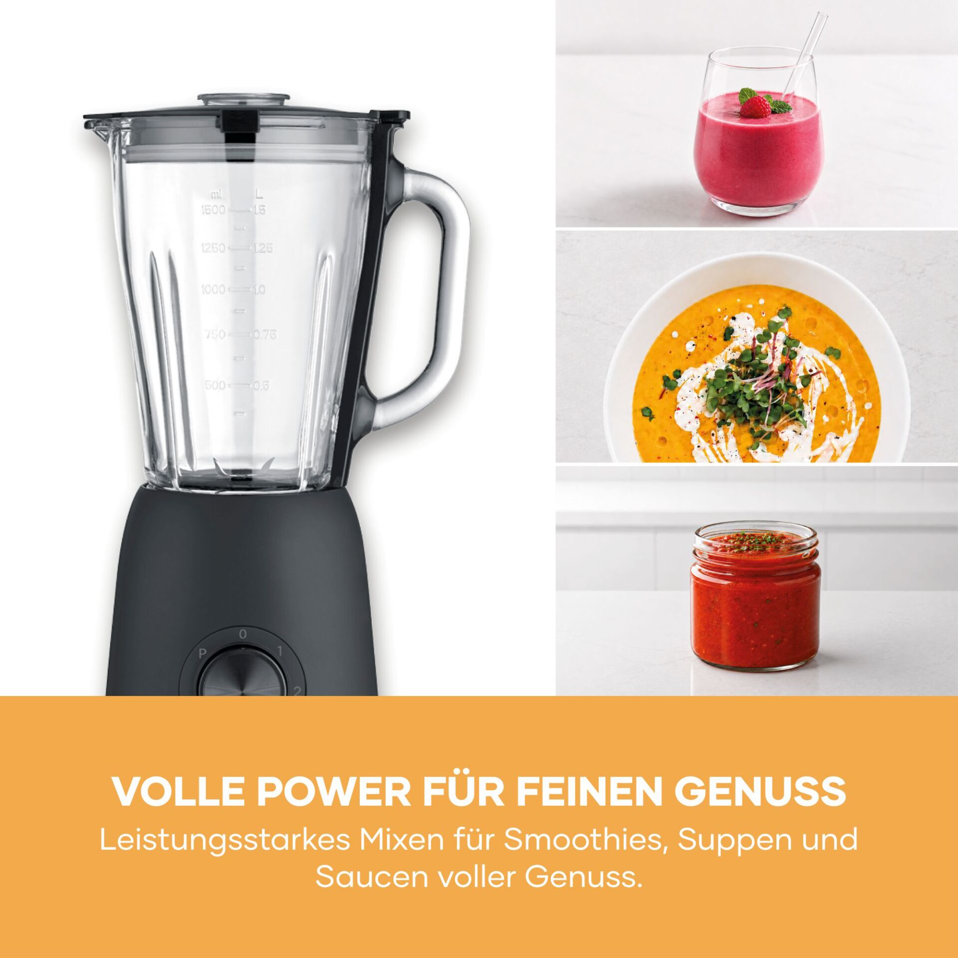 Standmixer, Glaskrug, Messskala, schwarzes Gehäuse, Smoothies und Suppen