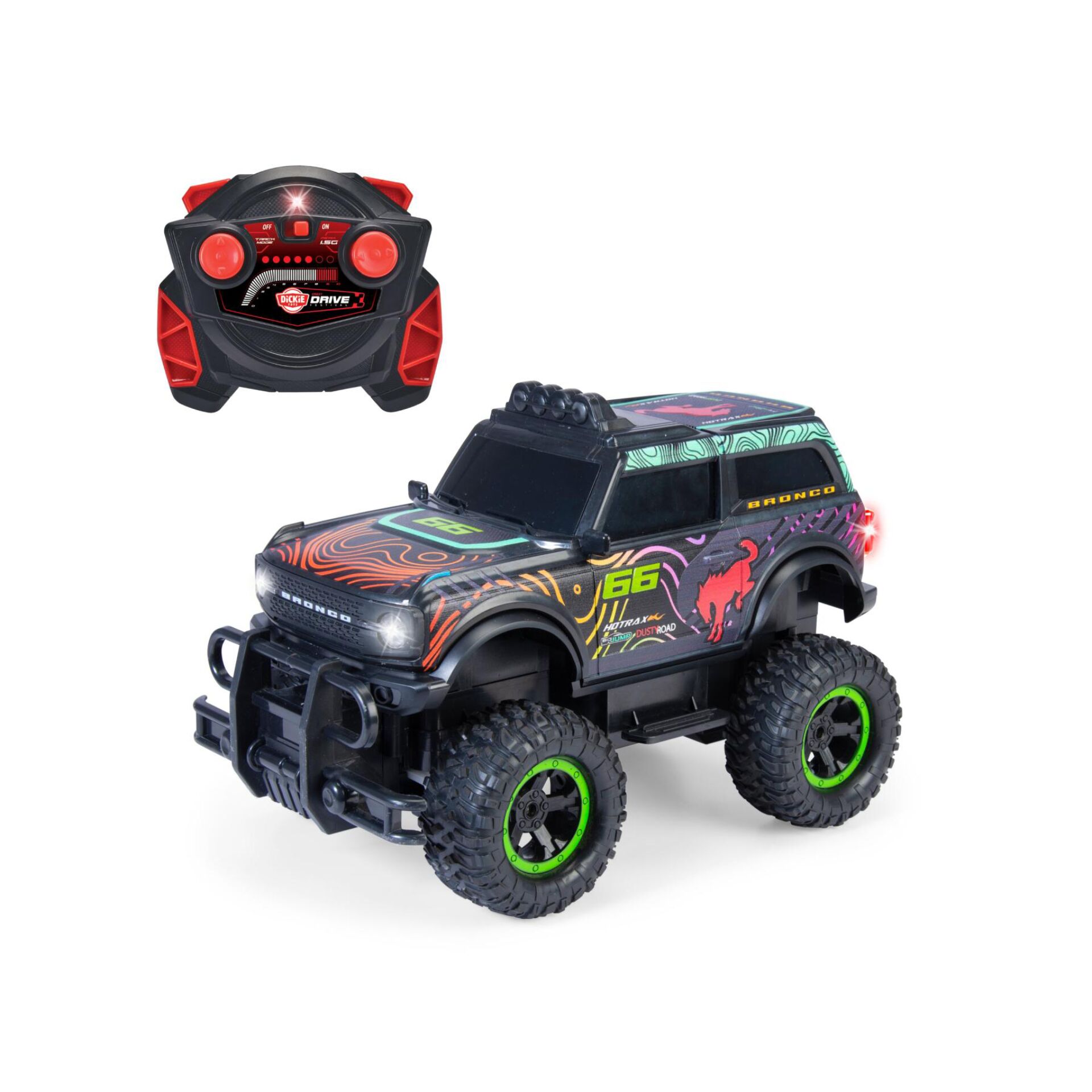 RC-Auto, neongrüne Räder, Offroad, Grafik, fernbedienung
