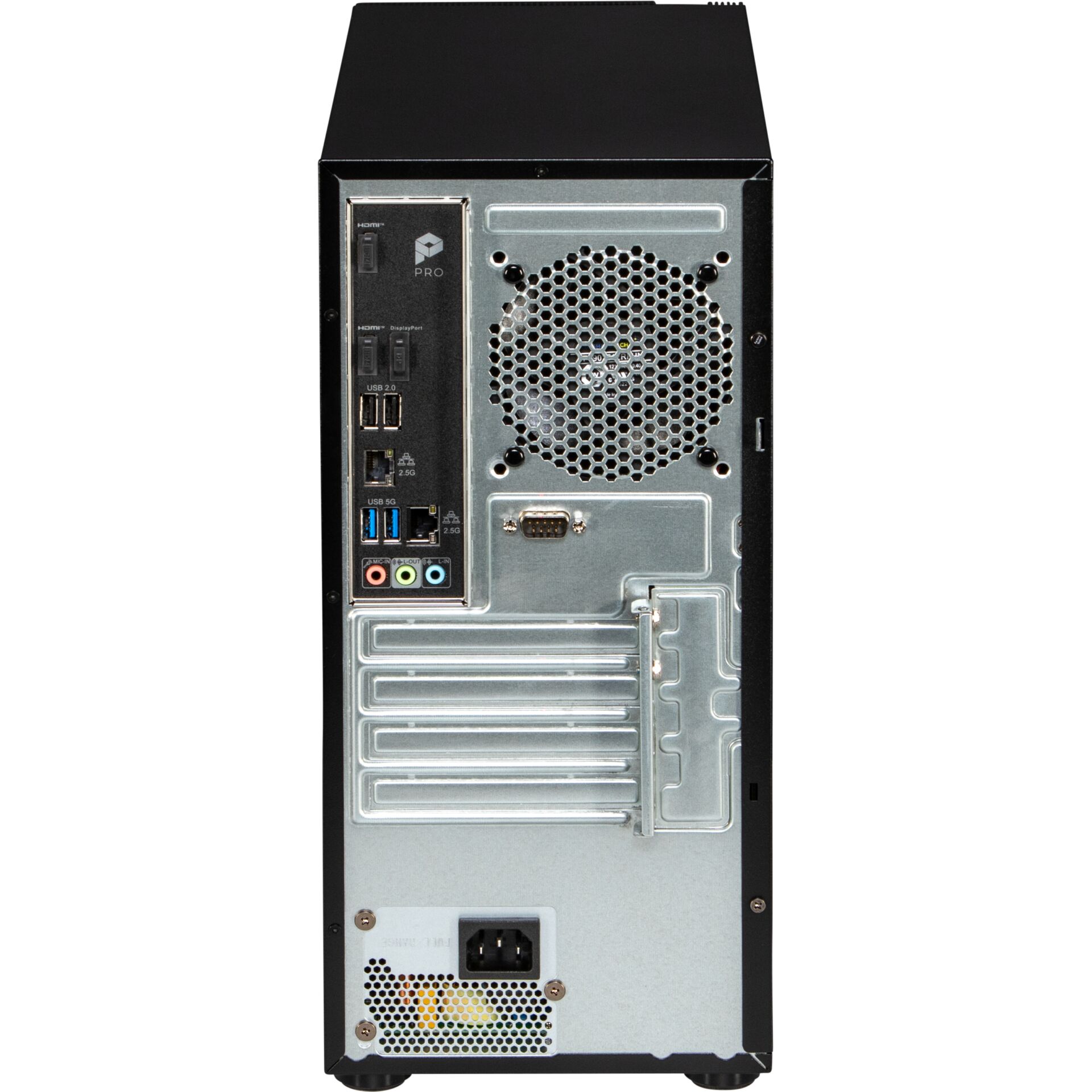 PC-Tower, schwarzes Gehäuse, Metallgehäuse, Lüftergitter, USB-Anschlüsse