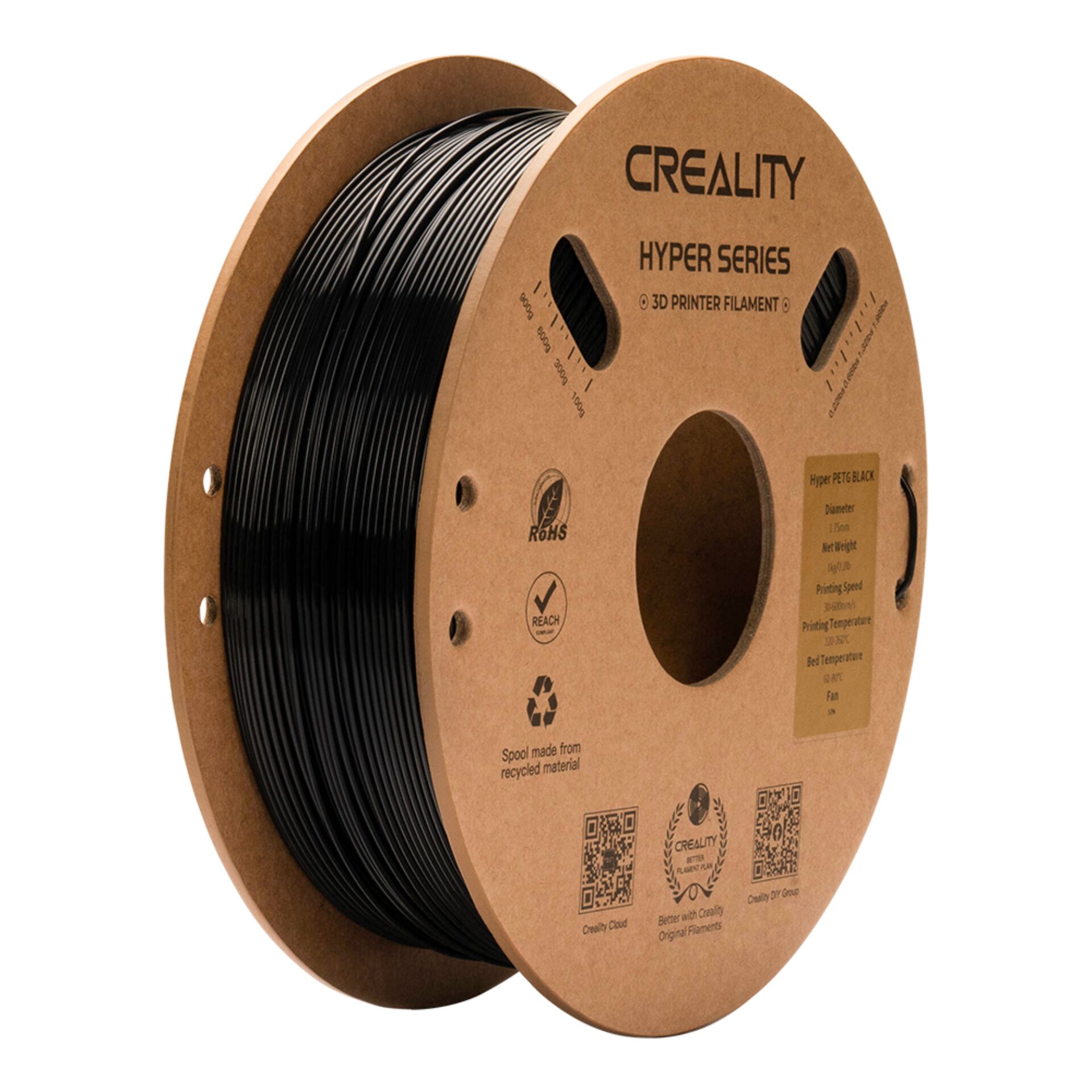 3D-Druck Filament, PETG Schwarz, Hyper Series, Spule, Recyceltes Material