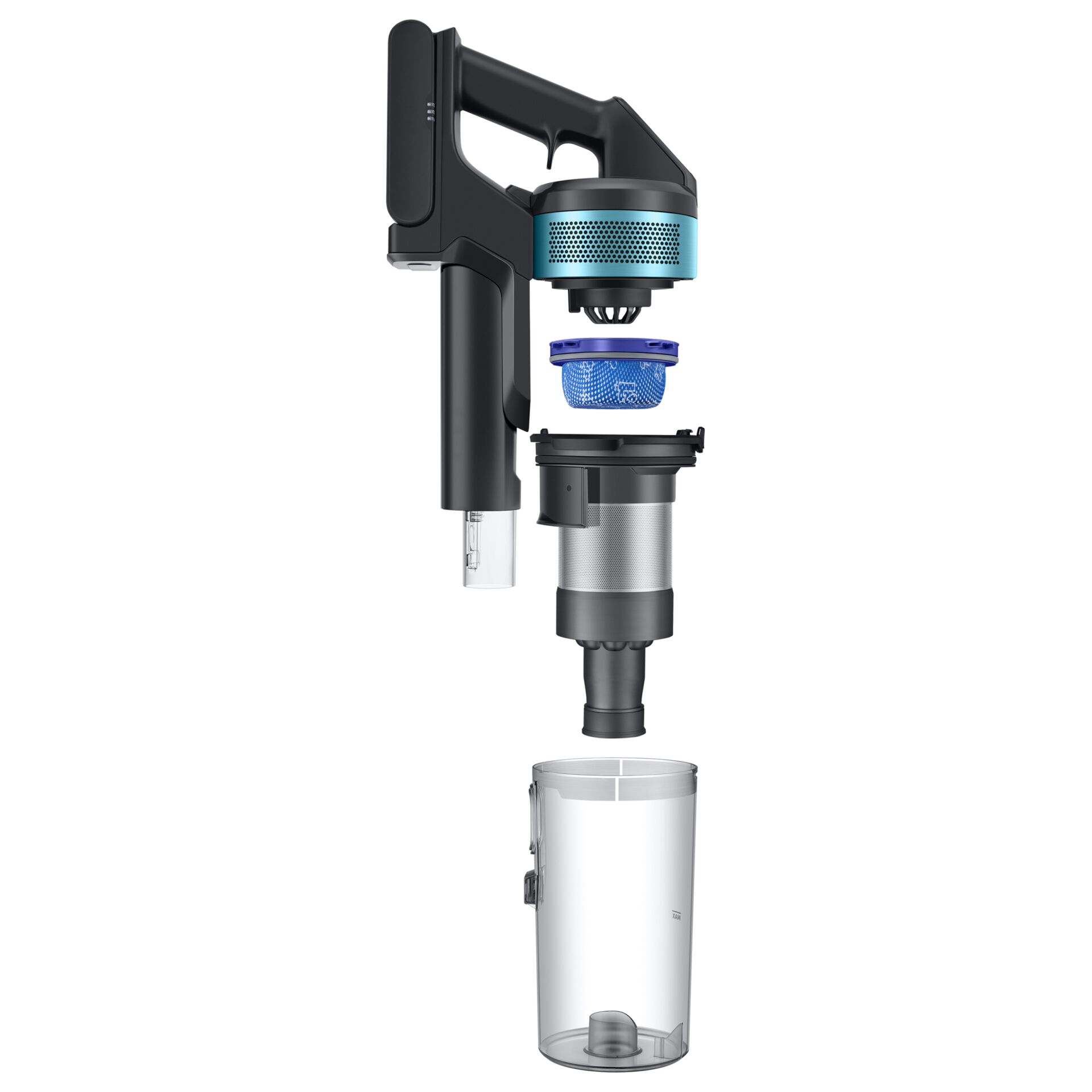 handheld vacuum, carpet attachment, blue filter, transparent dustbin, cyclone vacuum