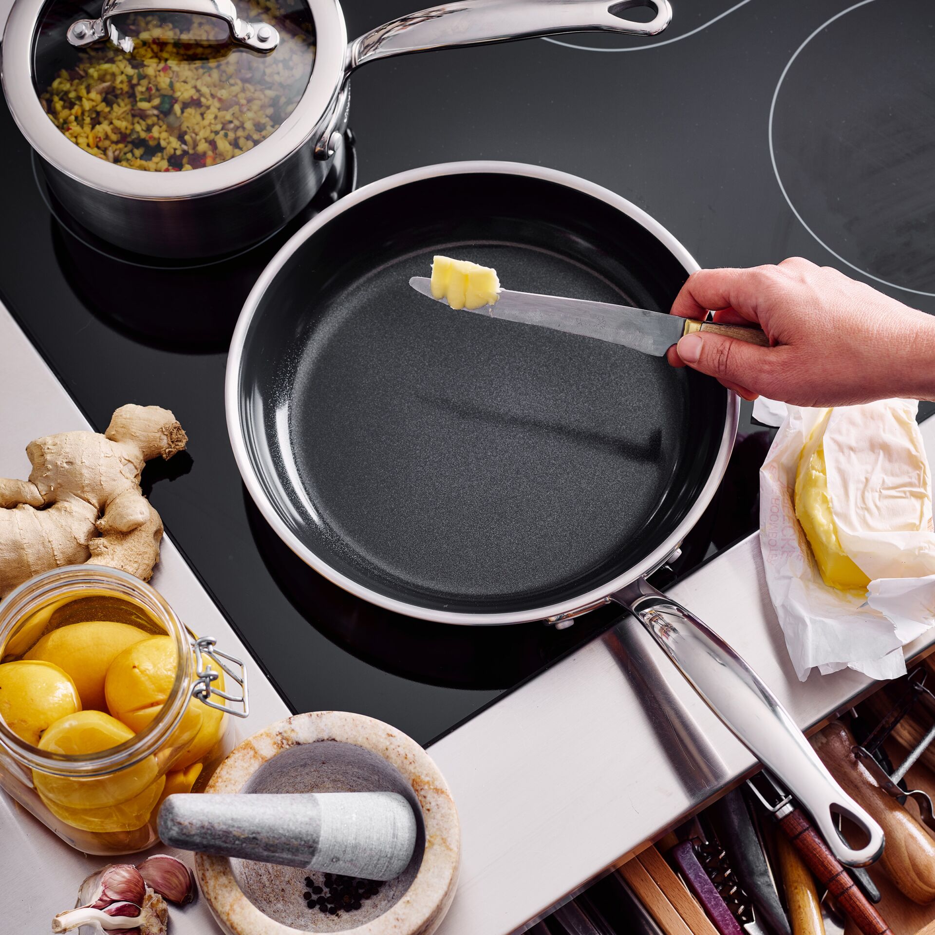 Kochtopf, Pfanne, Butter, Kochutensilien, Zitrusfrüchte