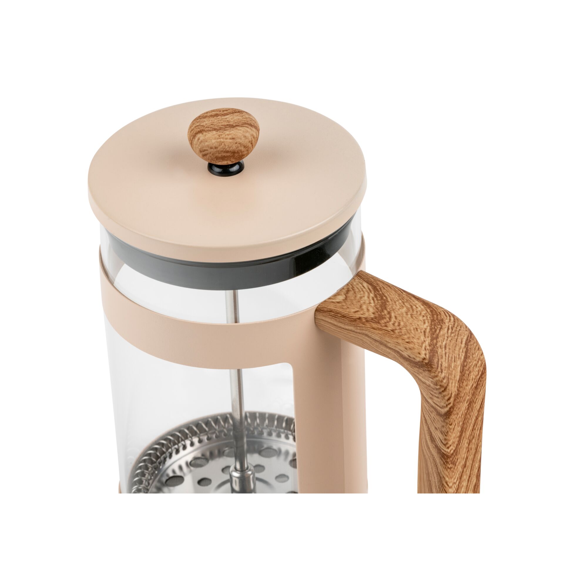 French press, Appareil à café, Carafe en verre, Poignée en bois, Beige