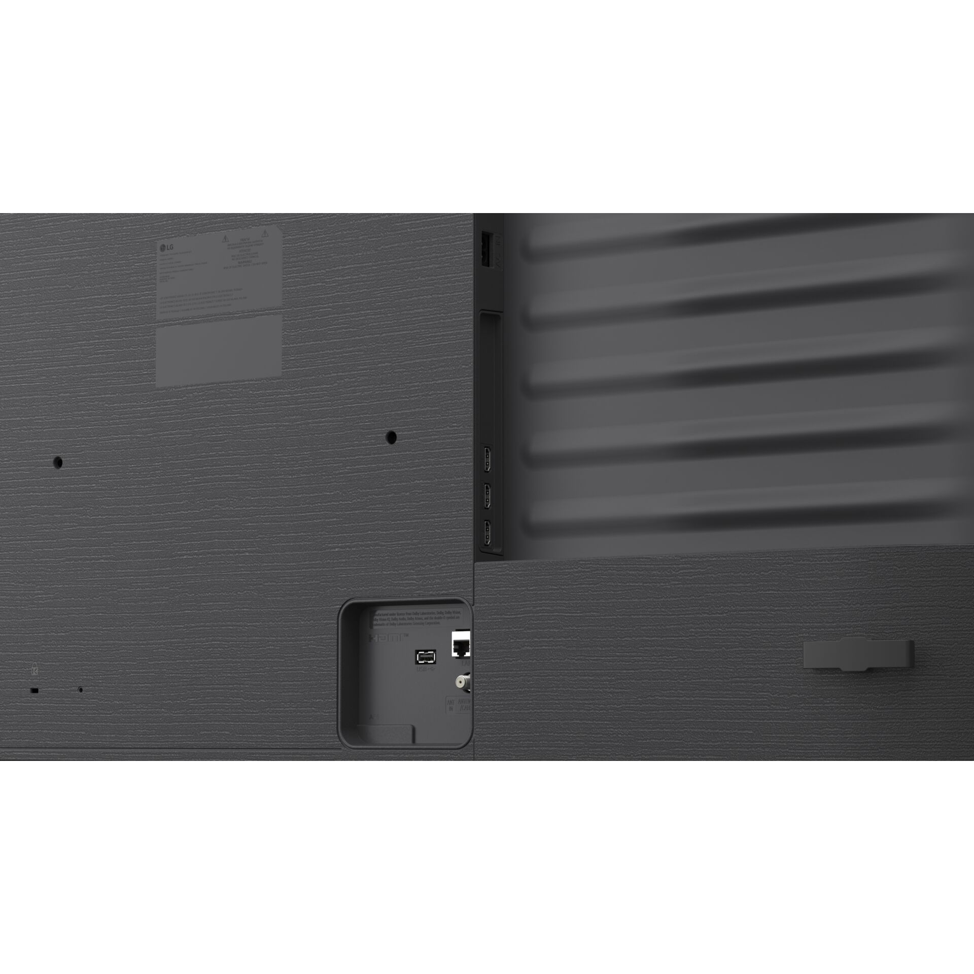 TV-Rückseite, HDMI-Anschluss, USB-Anschluss, Wandhalterungsbereich, Aufkleber