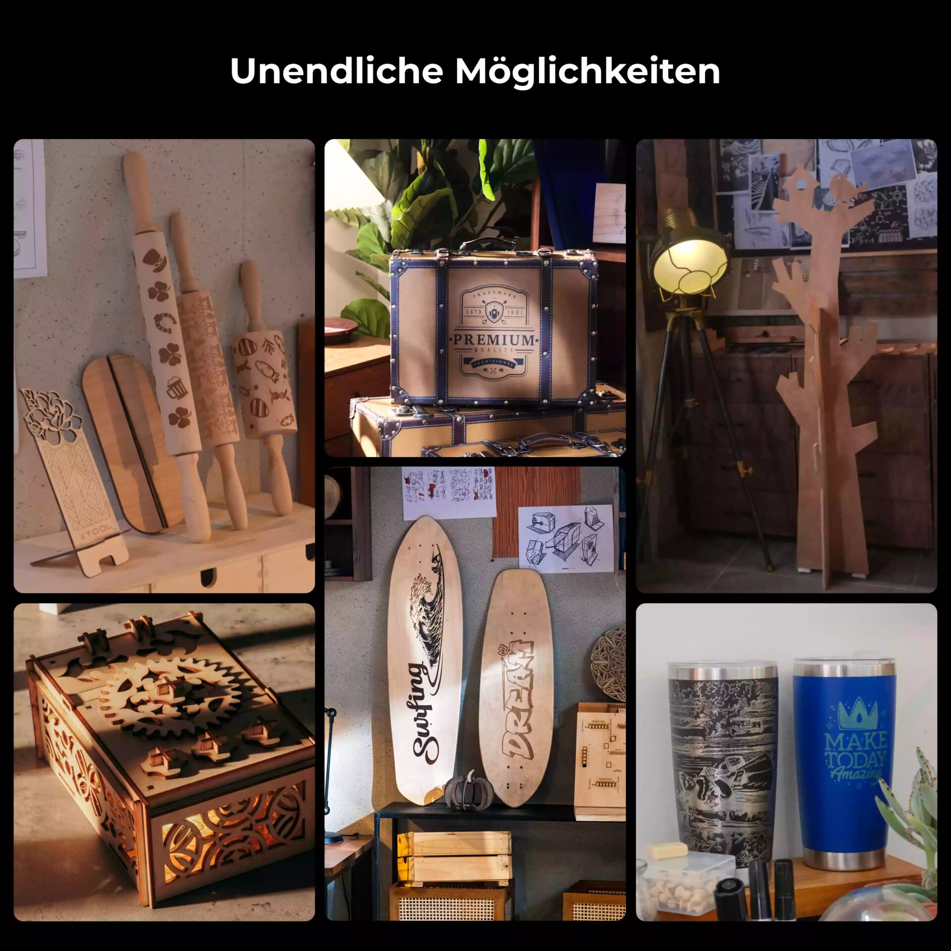 Holzkunst, Deko, Schneidwerkzeug, Skateboard, Koffer