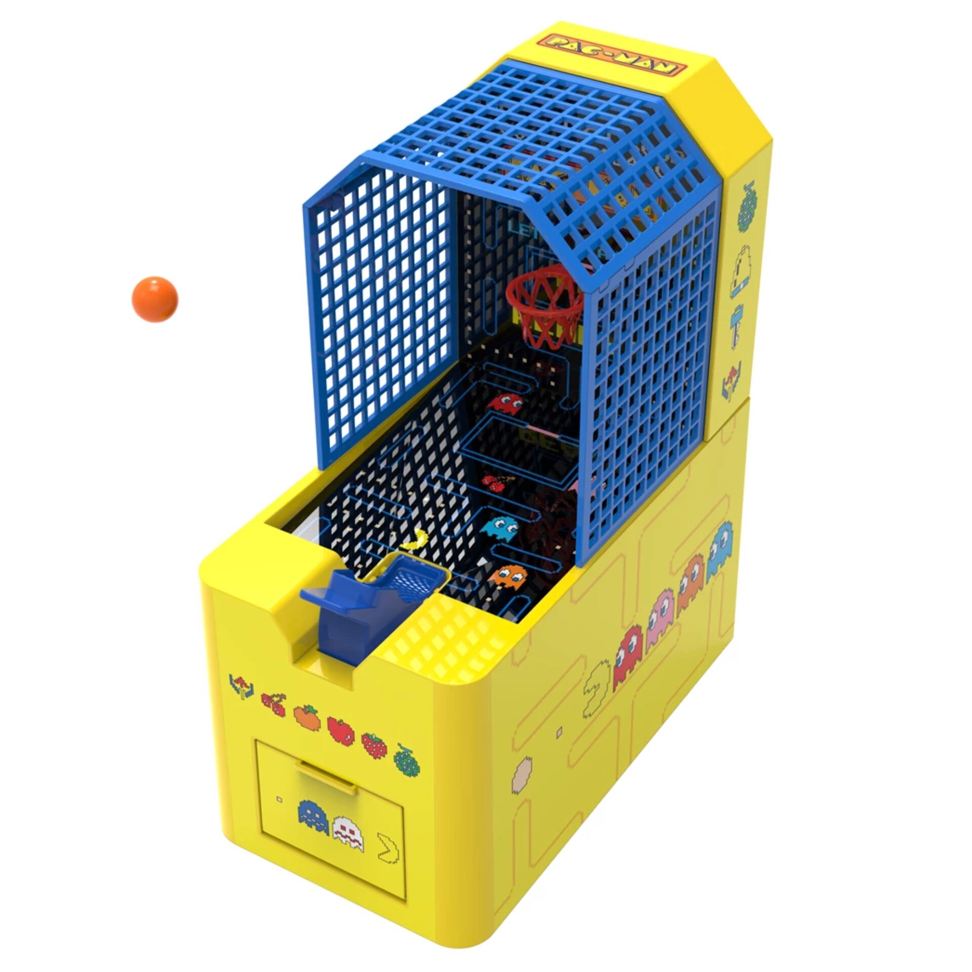 Arcade-Spielautomat, Miniatur-Spielgerät, Gelb, Korbballkorb, Bonus-Spielsteine