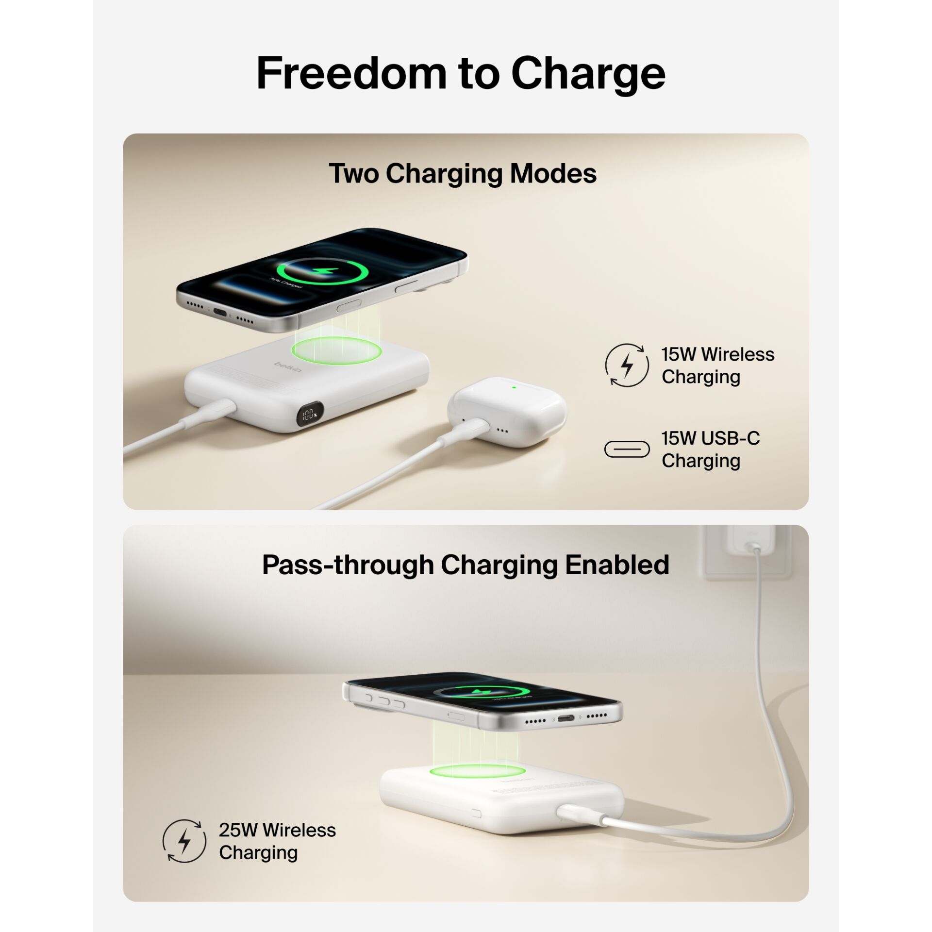 Wireless charger, Phone charging, USB-C charging, Magnetic charging pad, Pass-through charging