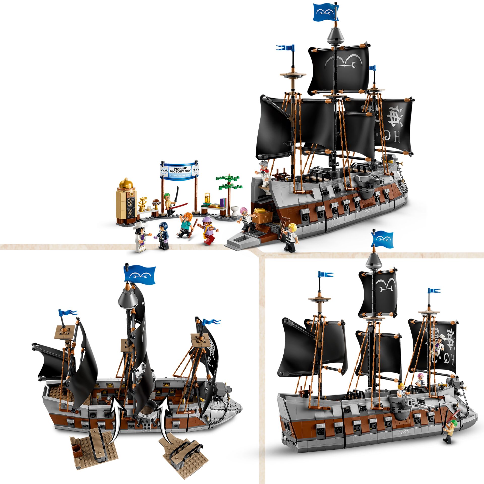 Piraten-Schiff, Schwarze Segel, Baustein-Set, Minifiguren, Kanonen
