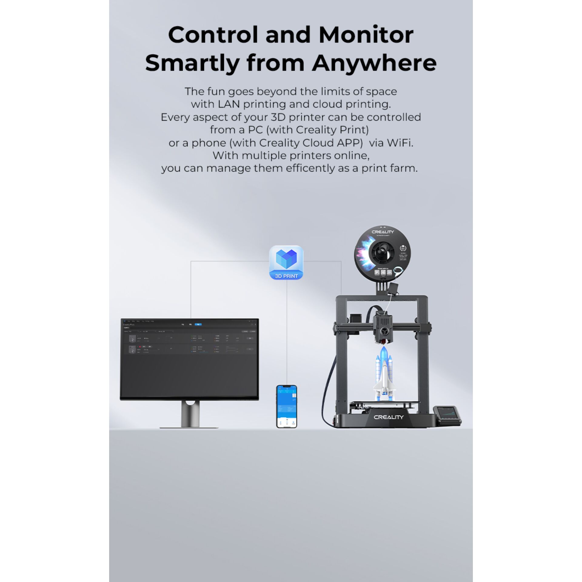 3D-Drucker, Desktop-Setup, Monitor, Smartphone-Steuerung, Creality