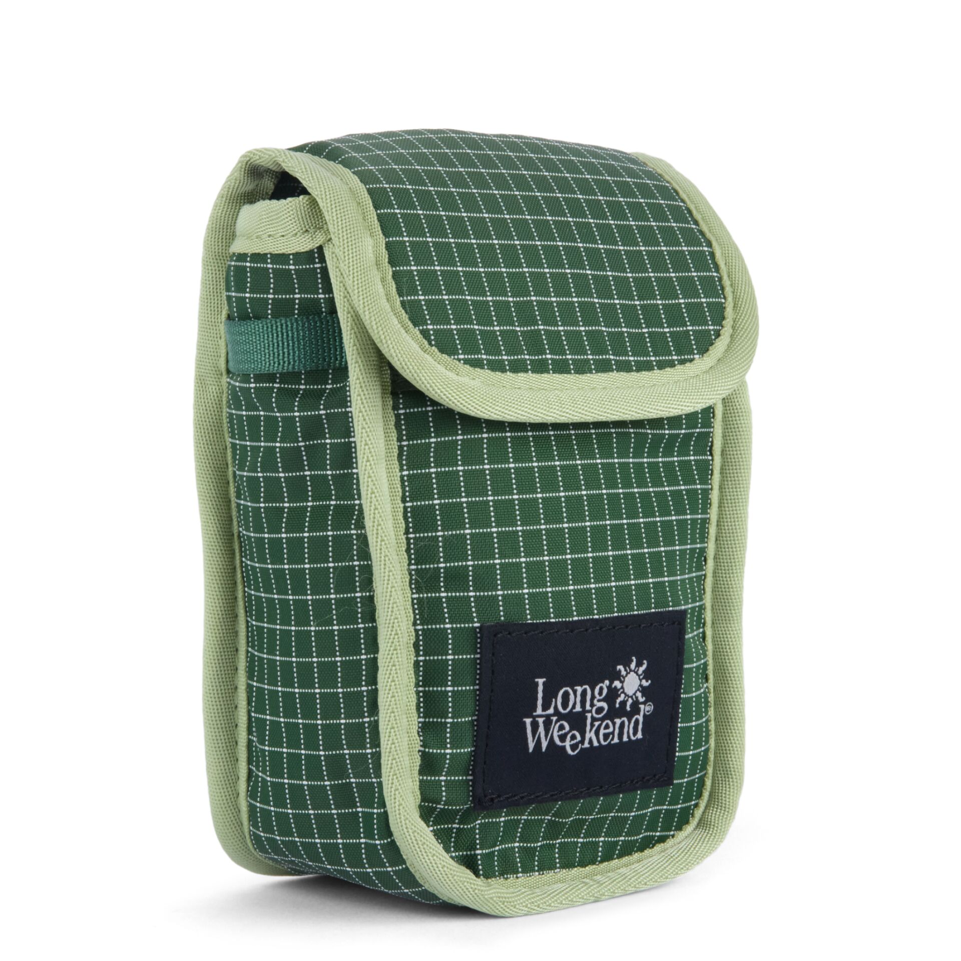 kleines Etui, grünes Gitter, Tragetasche, Stofftasche, Long Weekend Etikett