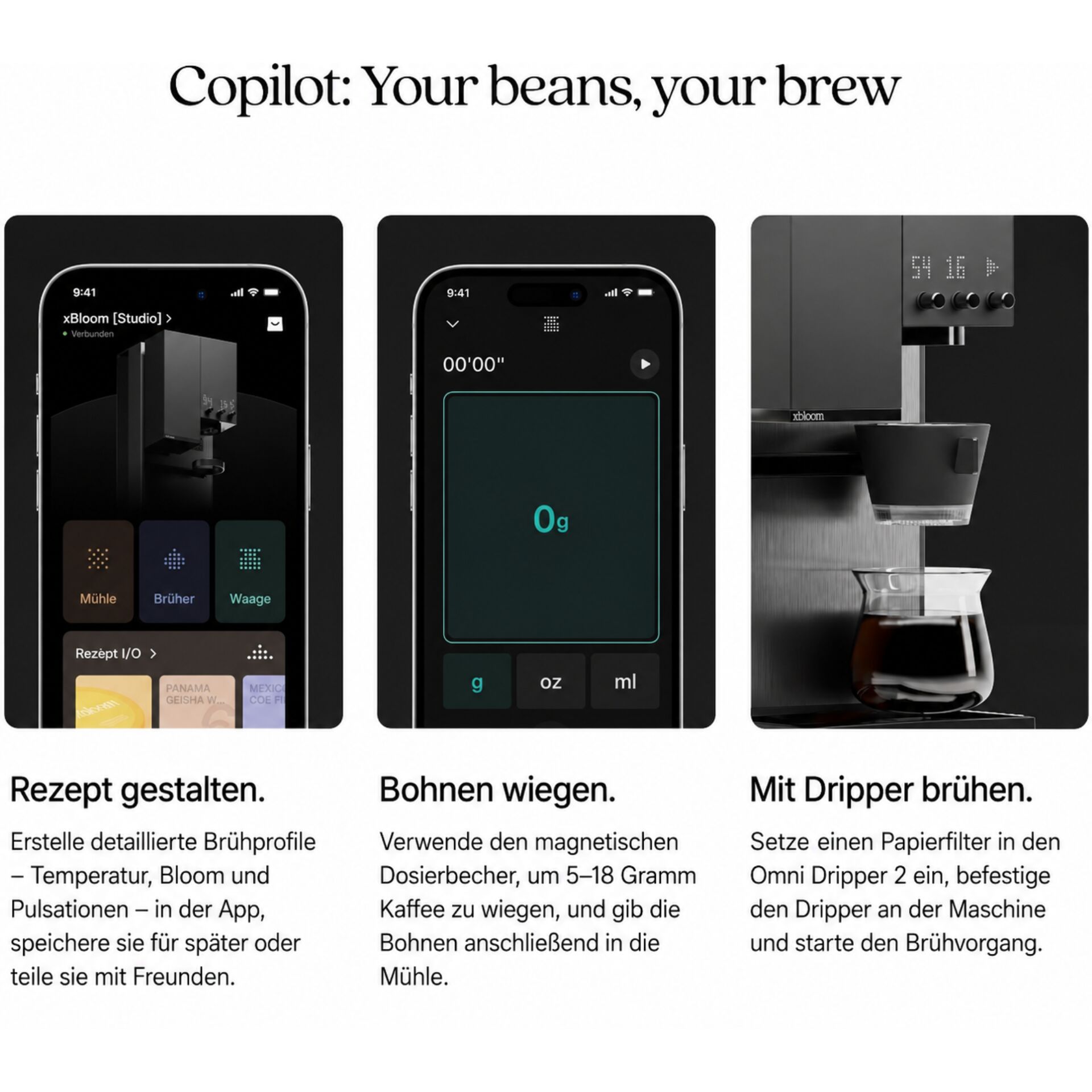 Kaffeemaschine, Dripper, Beâmerg, Brühsystem, Smartphone-Interface
