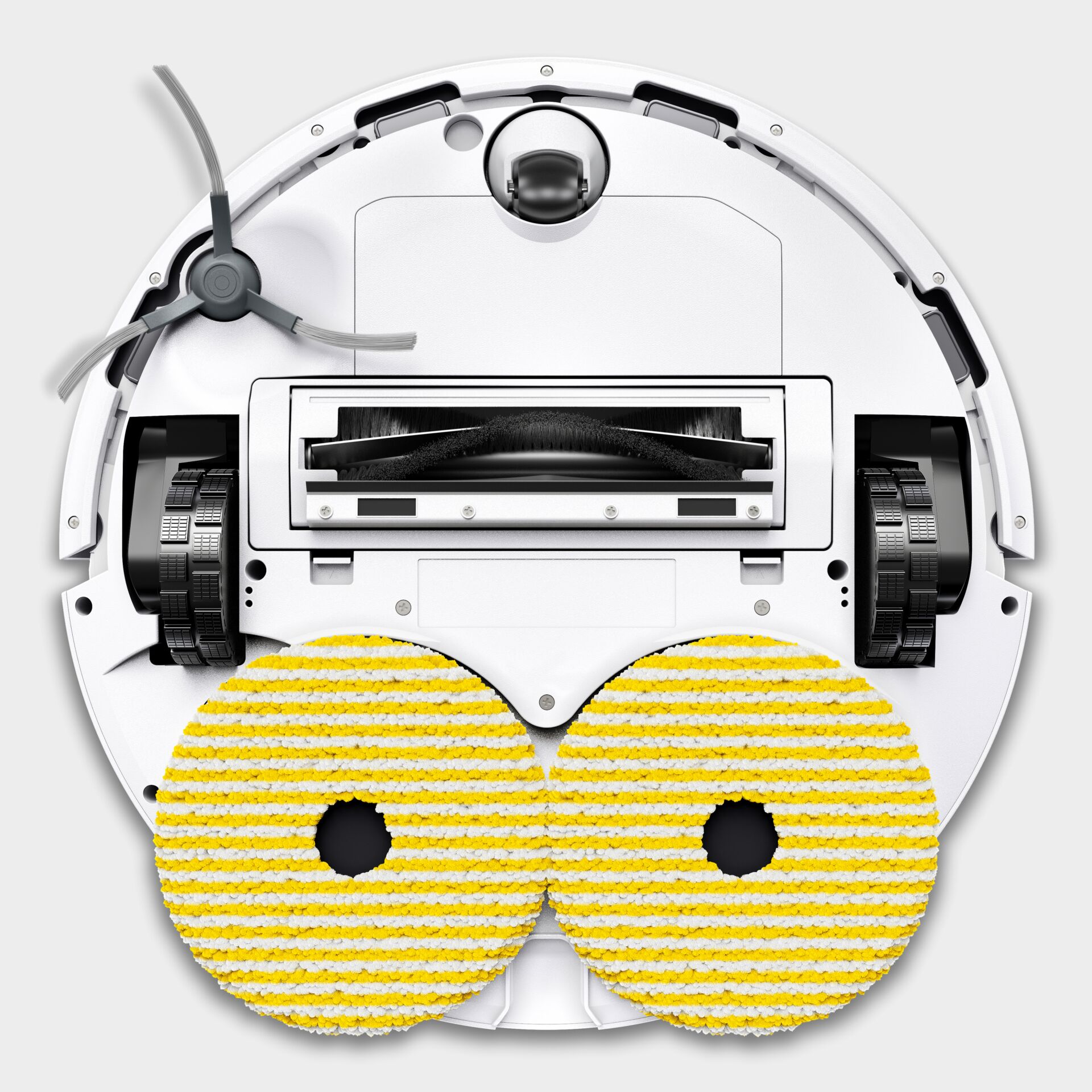 Roboter-Staubsauger, Reinigungsroboter, Staubbehälter, Gelbe Mopp-Pads, Runde Bauform