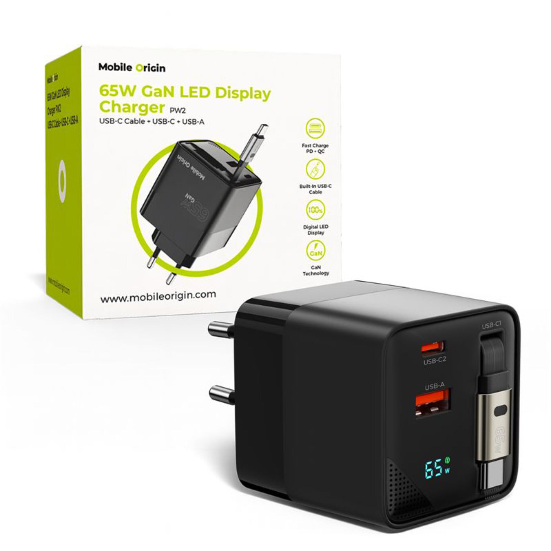 Mobile Origin 65W GaN Charger  USB-C retra. cable + USB-A 75cm