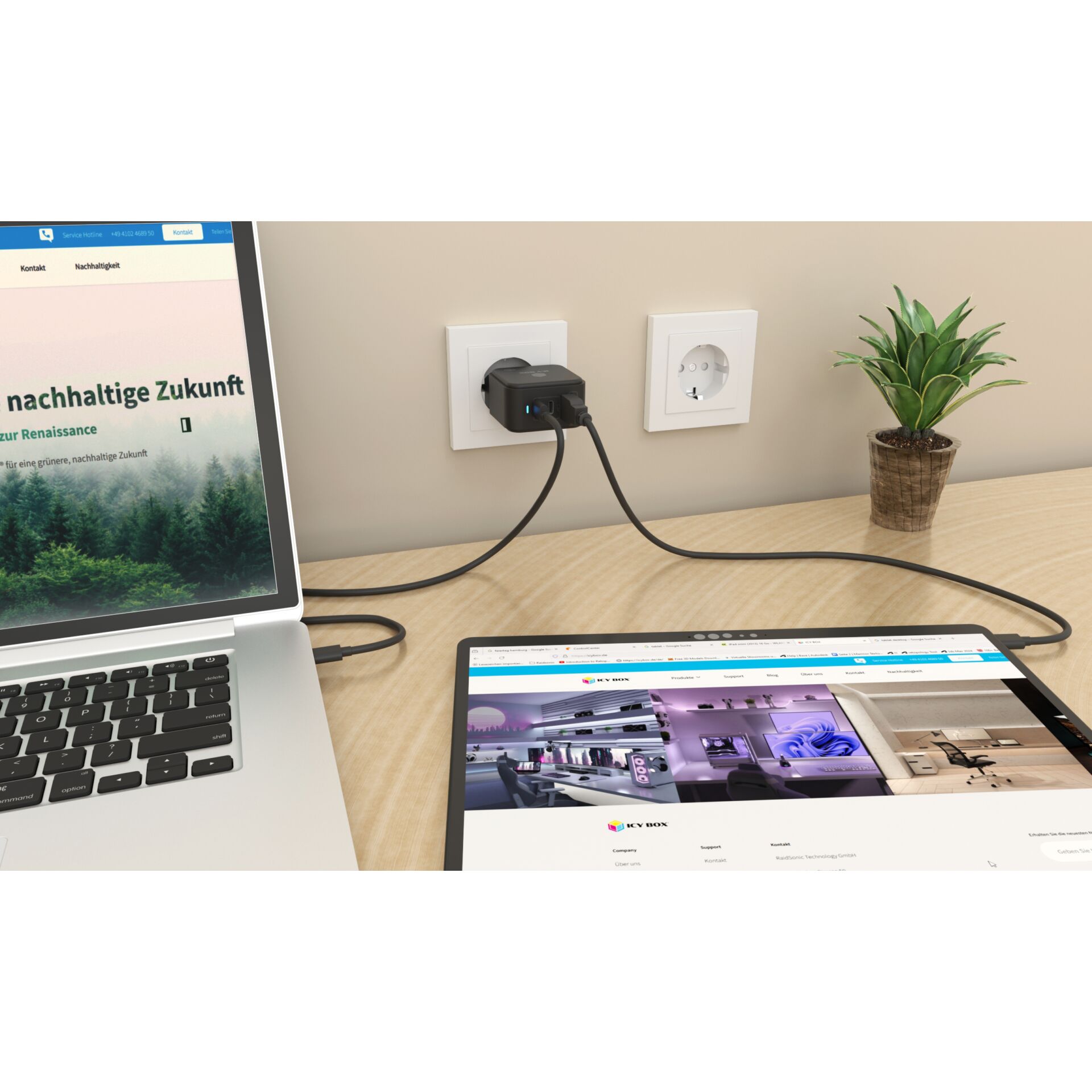 Laptop, Monitor, Schreibtisch-Setup, Steckdose, Kabelmanagement