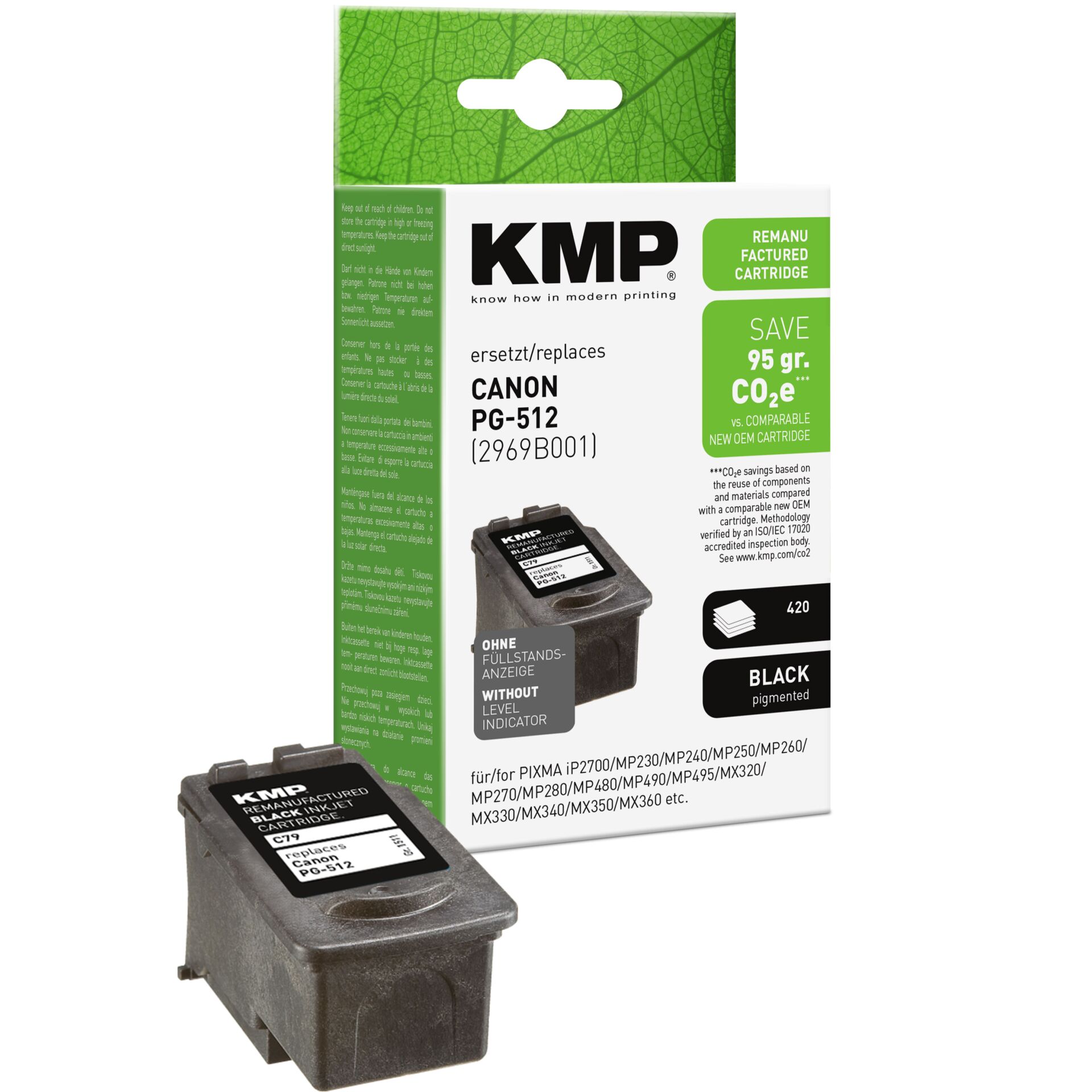 Adapter, Elektronik, QR Code, Tintenpatrone, KMP, Canon PG-512, Schwarz pigmentiert, Nachfüllbar
