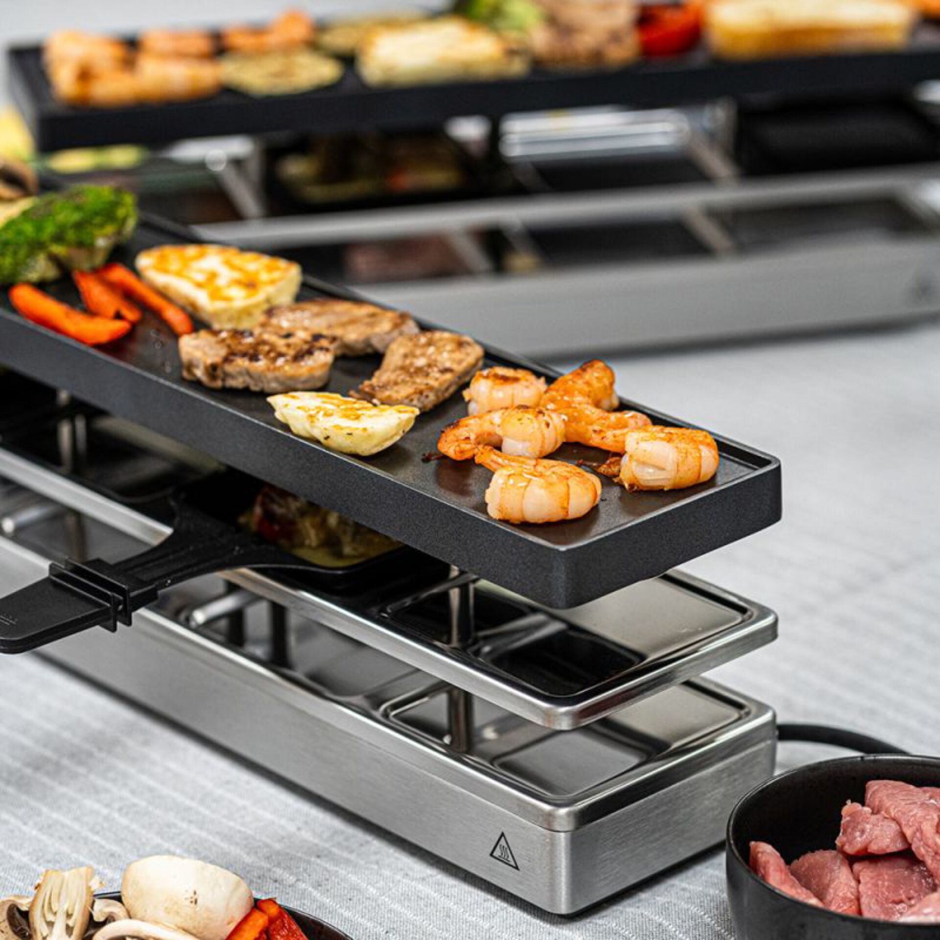 Grillplatte, Mini-Grill, Shrimps, Rindfleisch, Gemüse