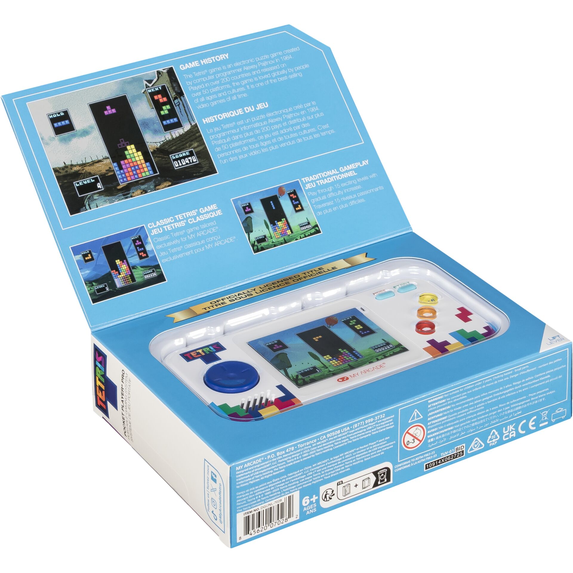 Tetris Spielkonsole, Handheld Spielgerät, Blue packaging, Tetris Spielsystem, Klarer LCD-Bildschirm