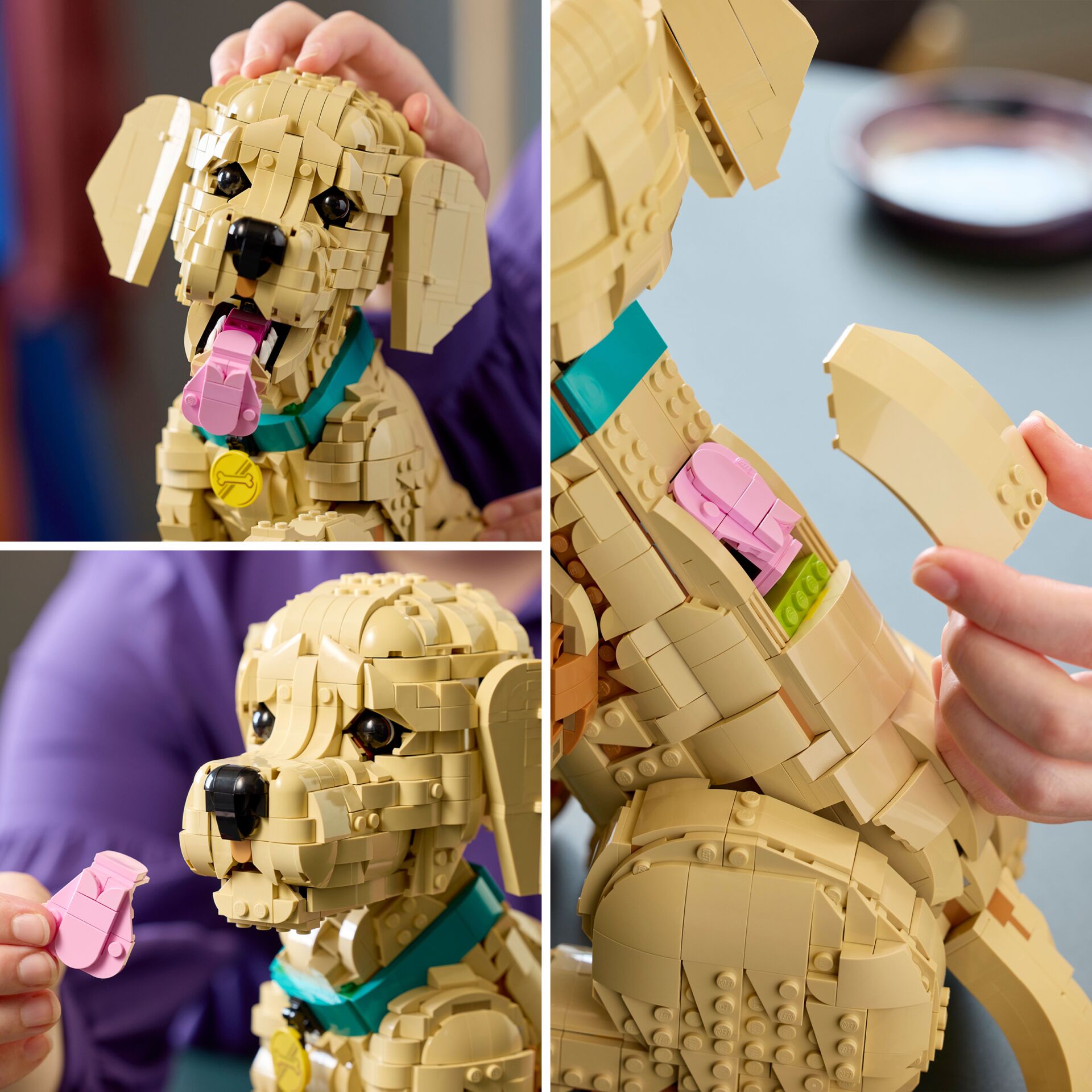 Lego Hund, Hundefigur, Tierfigur, Baustein-Skulptur, Ton-Beige