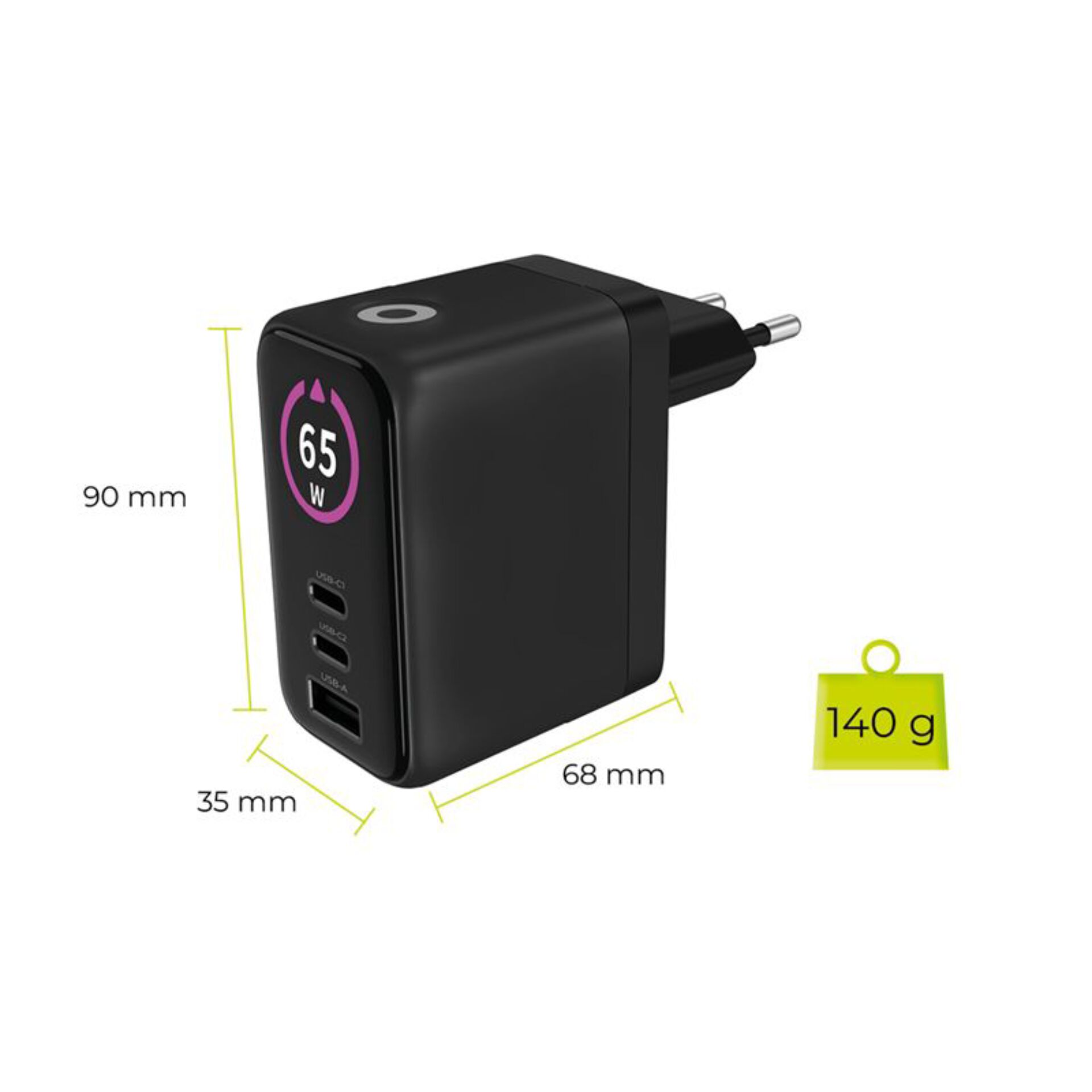USB-C, 3x USB-C ports, 65W, Wandstecker, kompakte Ladestation
