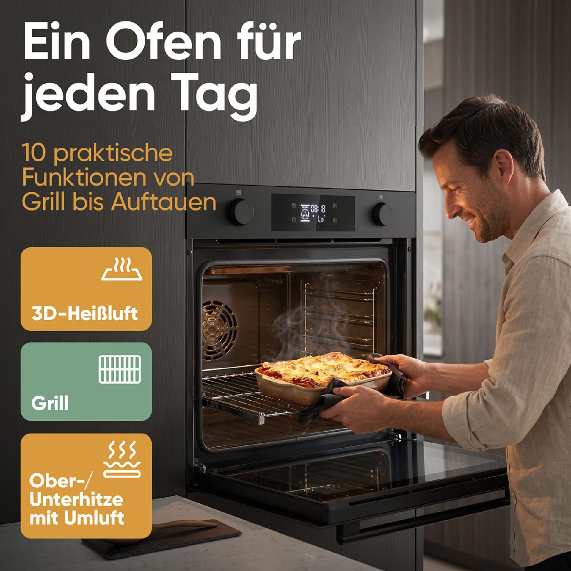 Backofen, Einbaubackofen, 3D-Heißluft, Grillfunktion, Ober-/Unterhitze mit Umluft