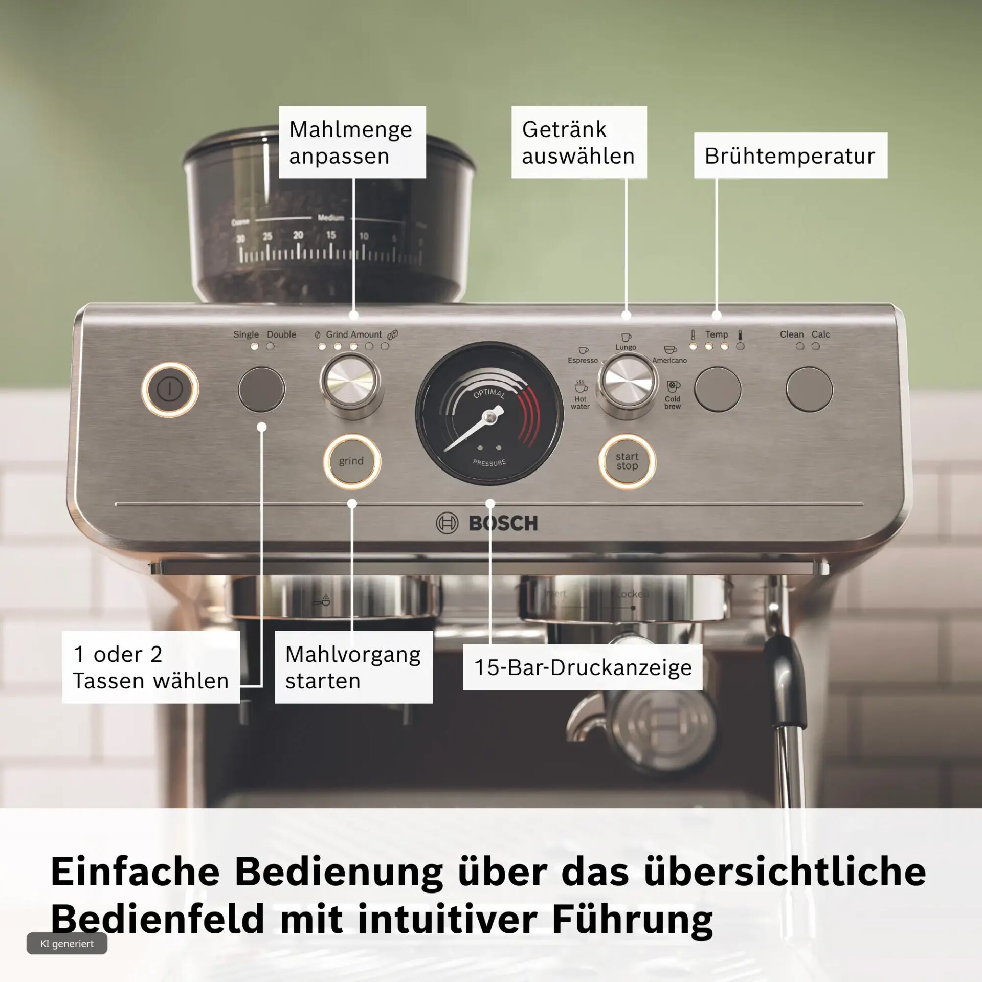 Kaffeemaschine, Brühgruppe, Druckanzeige, Tastenfeld, Wasserschale