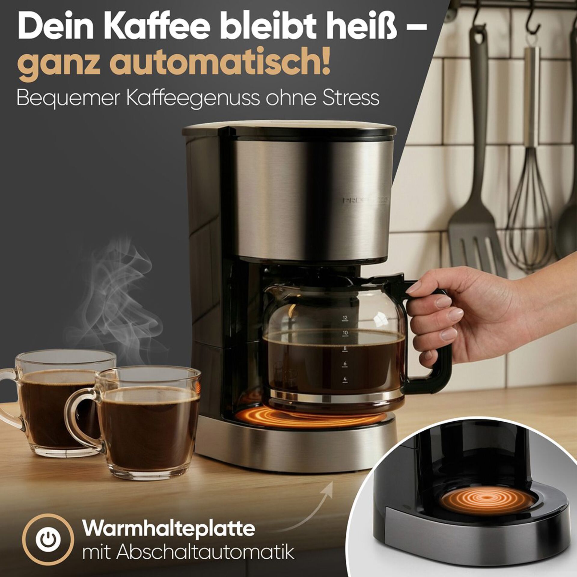 Kaffeemaschine, Filterkaffeemaschine, Glasbehälter, Stahl/Metall, Automatikabschaltung